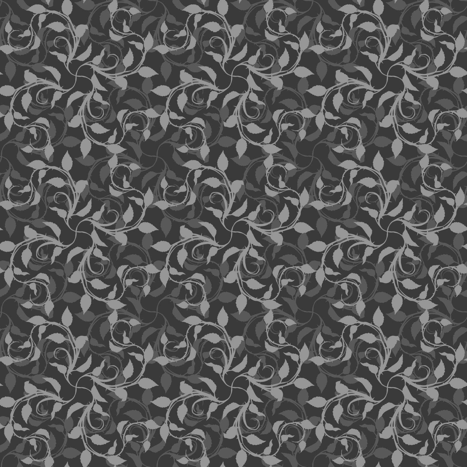 Graphic realistic detailed gray branch of rose with leaves and thorns. Vector floral ornament seamless pattern.