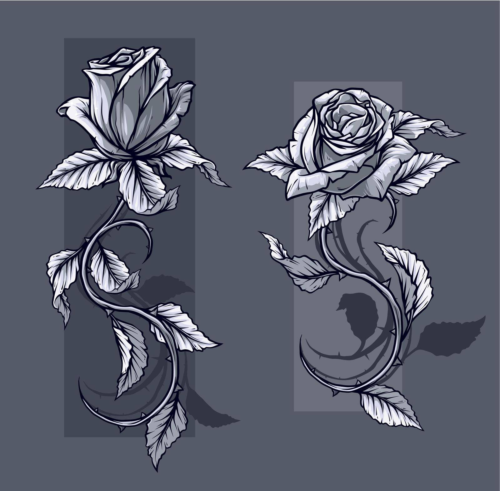 Graphic detailed graphic black and white roses flower with stem and leaves. On gray background. Vector icon set. Vol. 2