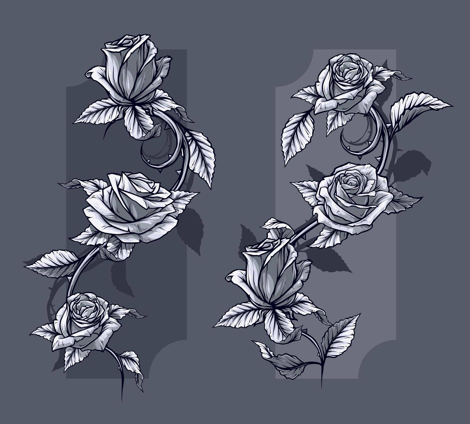 Graphic detailed graphic roses with stem set by GB_Art