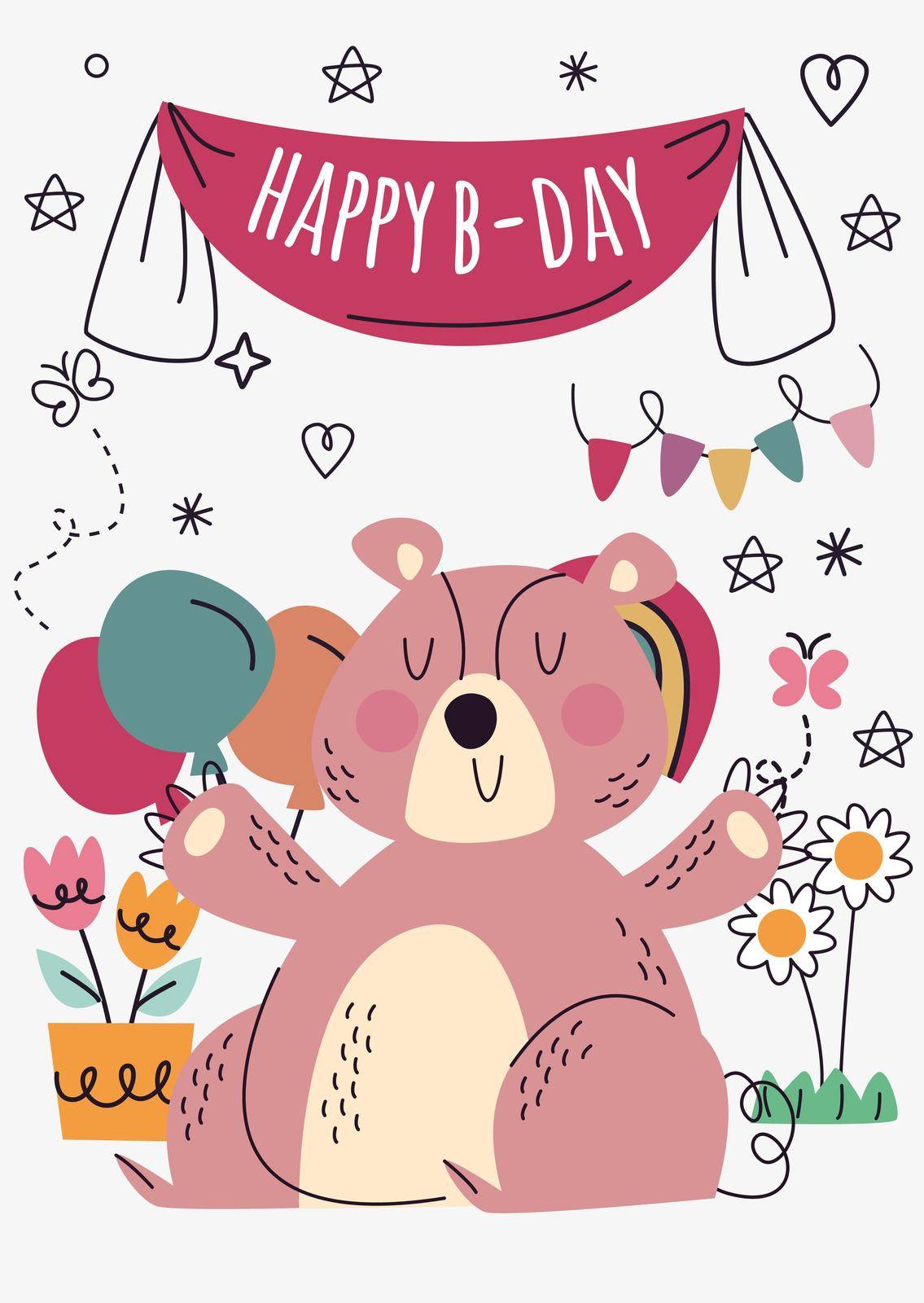 Greeting card with cute hand drawn animal. Birthday card with fun animal. vector illustration