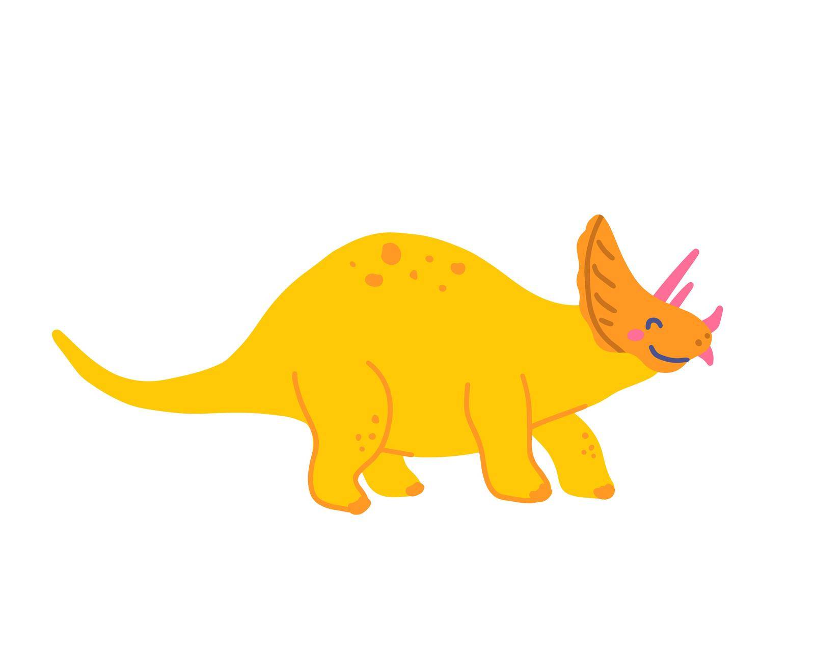 Cute herbivorous dinosaur Triceratops, vector flat illustration in hand drawn style on white background.