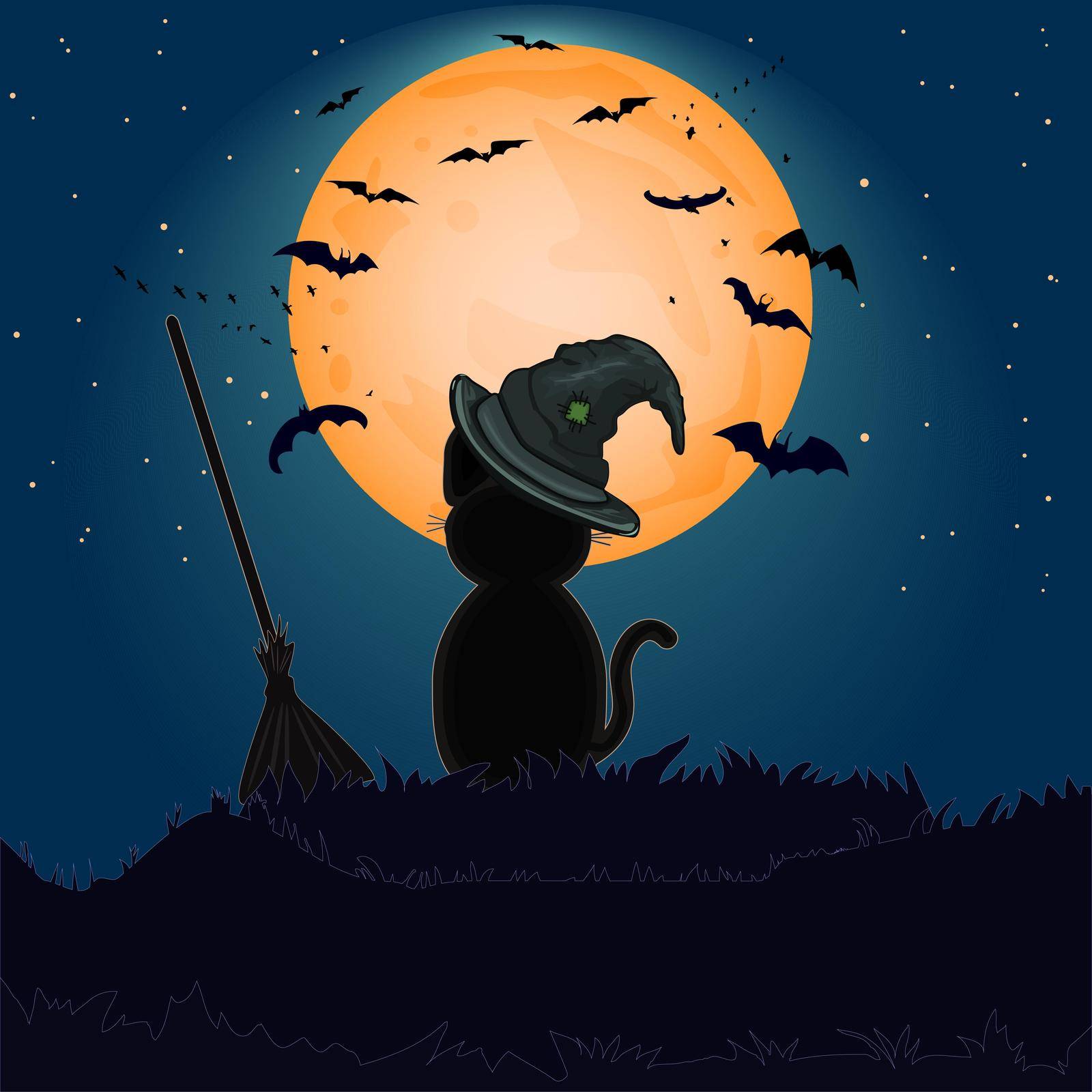 Halloween night background with kitty silhouette and bats on moonlight. Cat sits at night and looks at the bats in the moonshine. Stock vector illustration