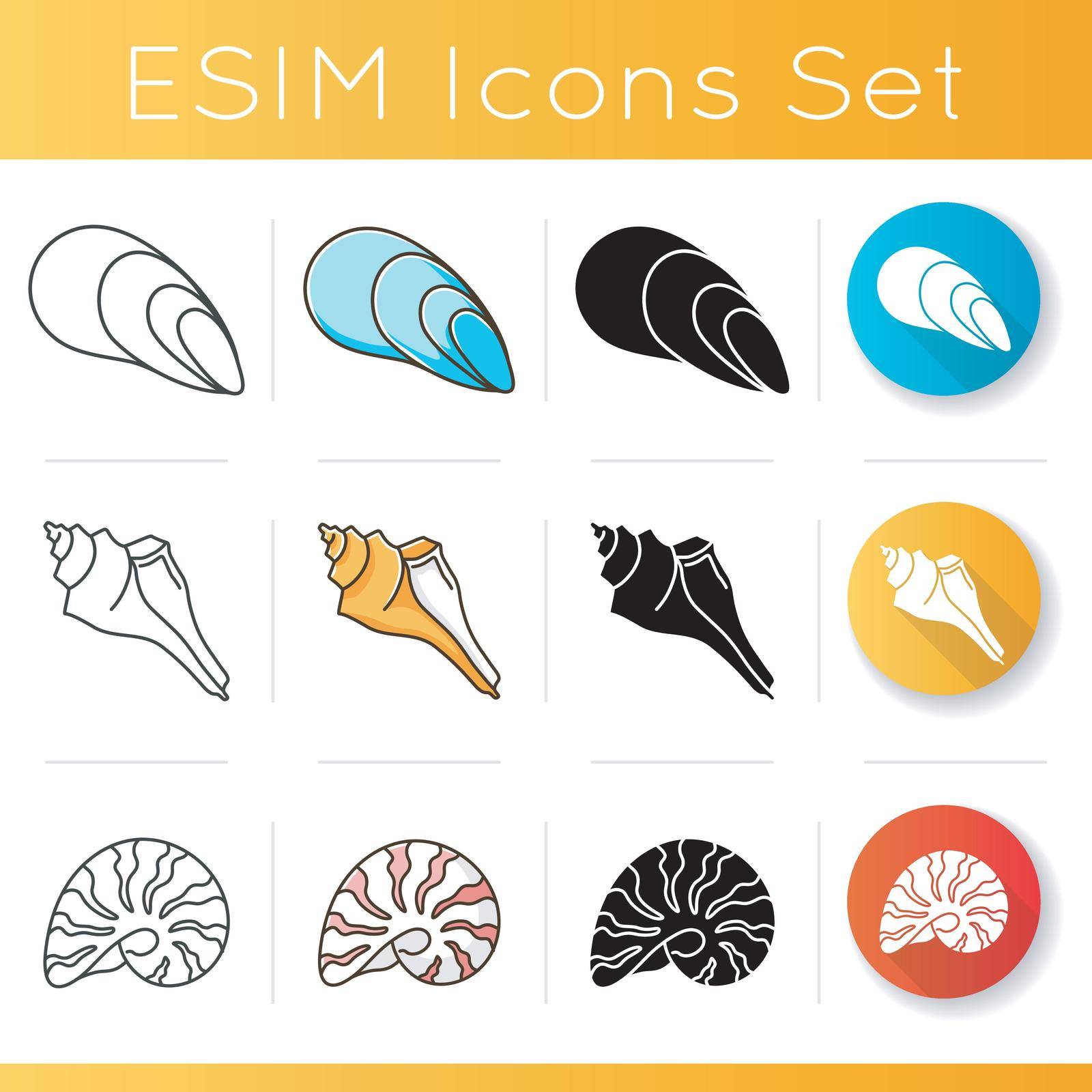 Seashells icons set. Linear, black and RGB color styles. Different mollusk shells, conchology. Decorative ocean souvenirs. Various sea shells collection vector isolated illustrations
