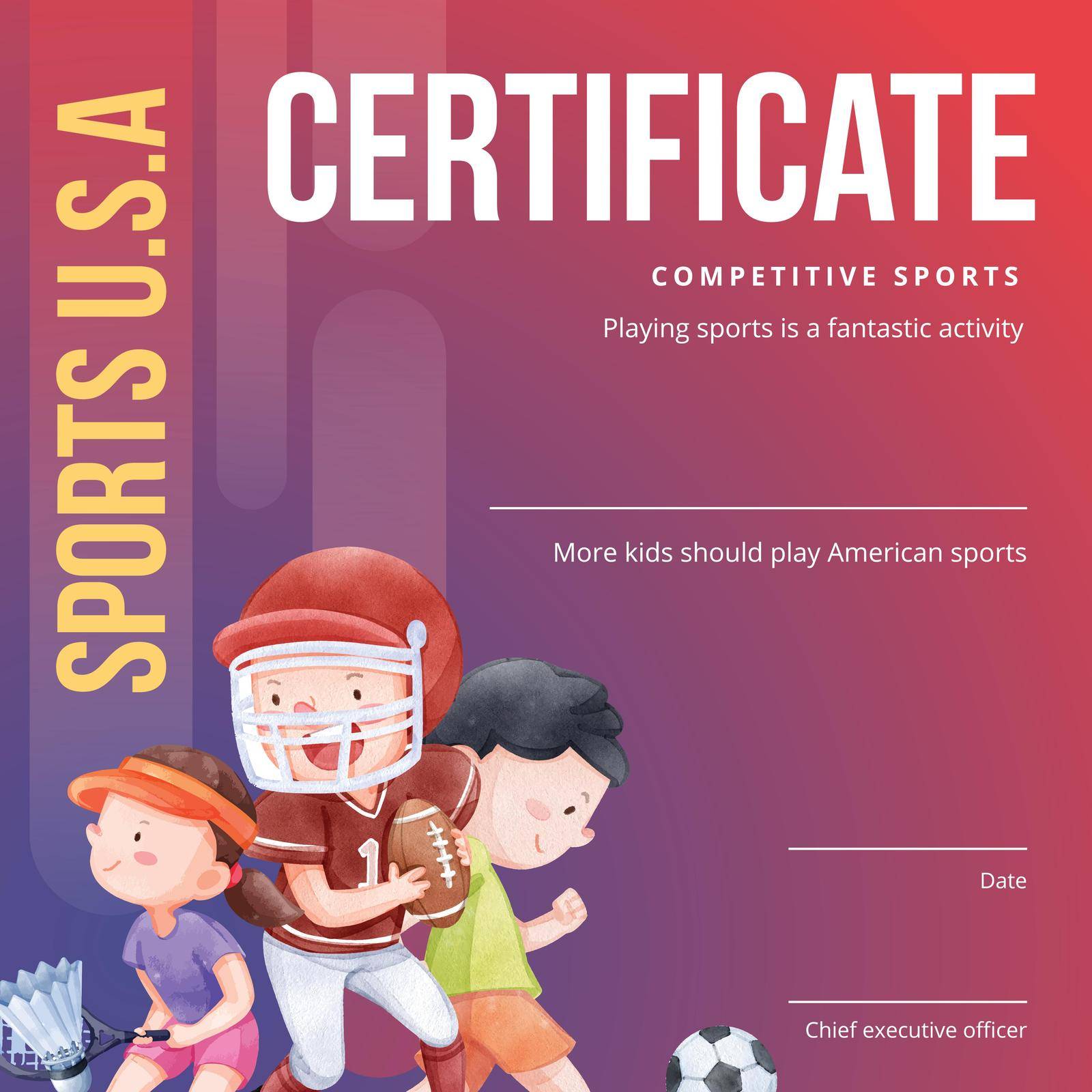 Certificate template with American sport kids concept,watercolor style