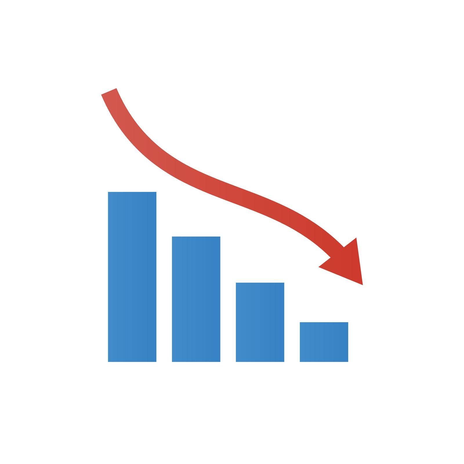 Decreasing arrow and bar graph icon. Decline in business performance. Editable vector.