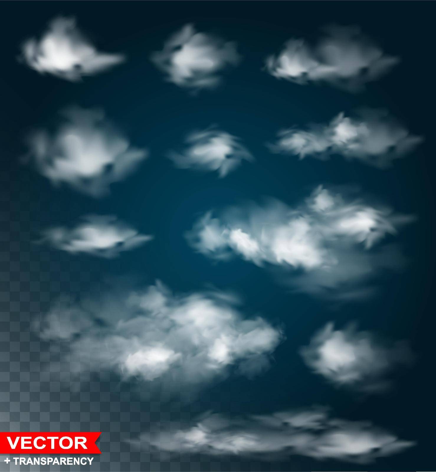 Photorealistic white natural rain clouds. On blue sky background. Transparent vector set.