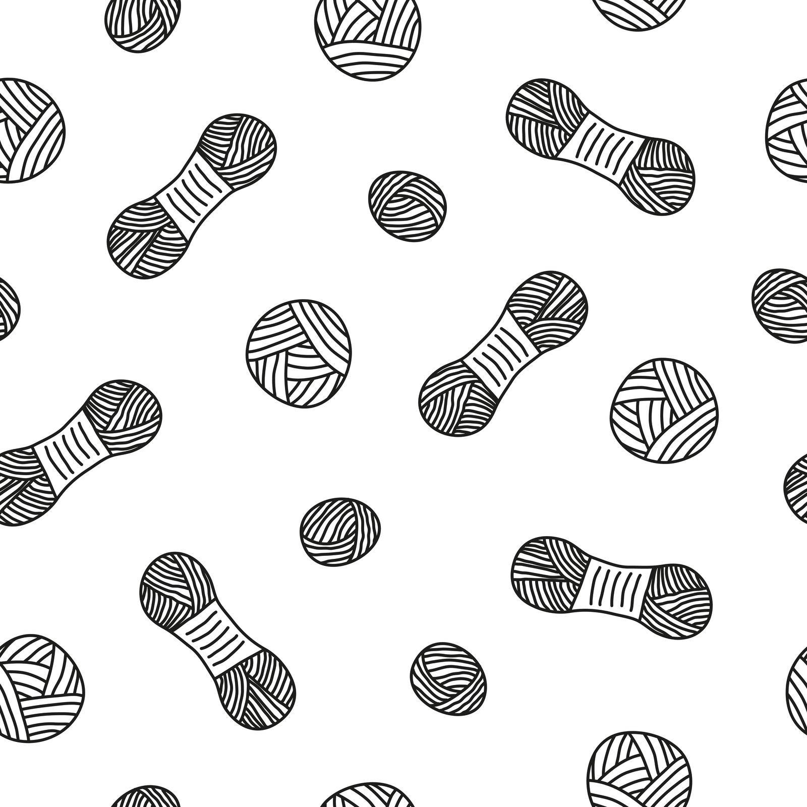 Black and white seamless pattern with doodle outline skeins and balls of yarn.