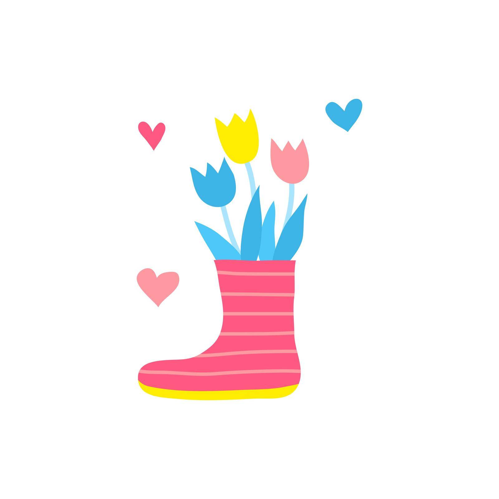 Colorful doodle tulip flowers in rubber boot with hearts around isolated on white background.