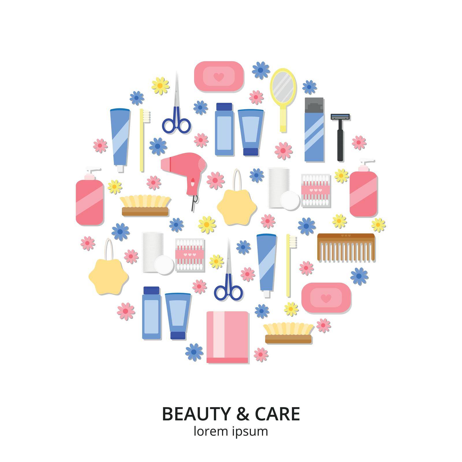 Beauty care, spa and hygiene products icons composed in circle shape. Hygiene and healthcare concept. Vector. Items for body care and hygiene. Flat beauty icons in circle on white background.