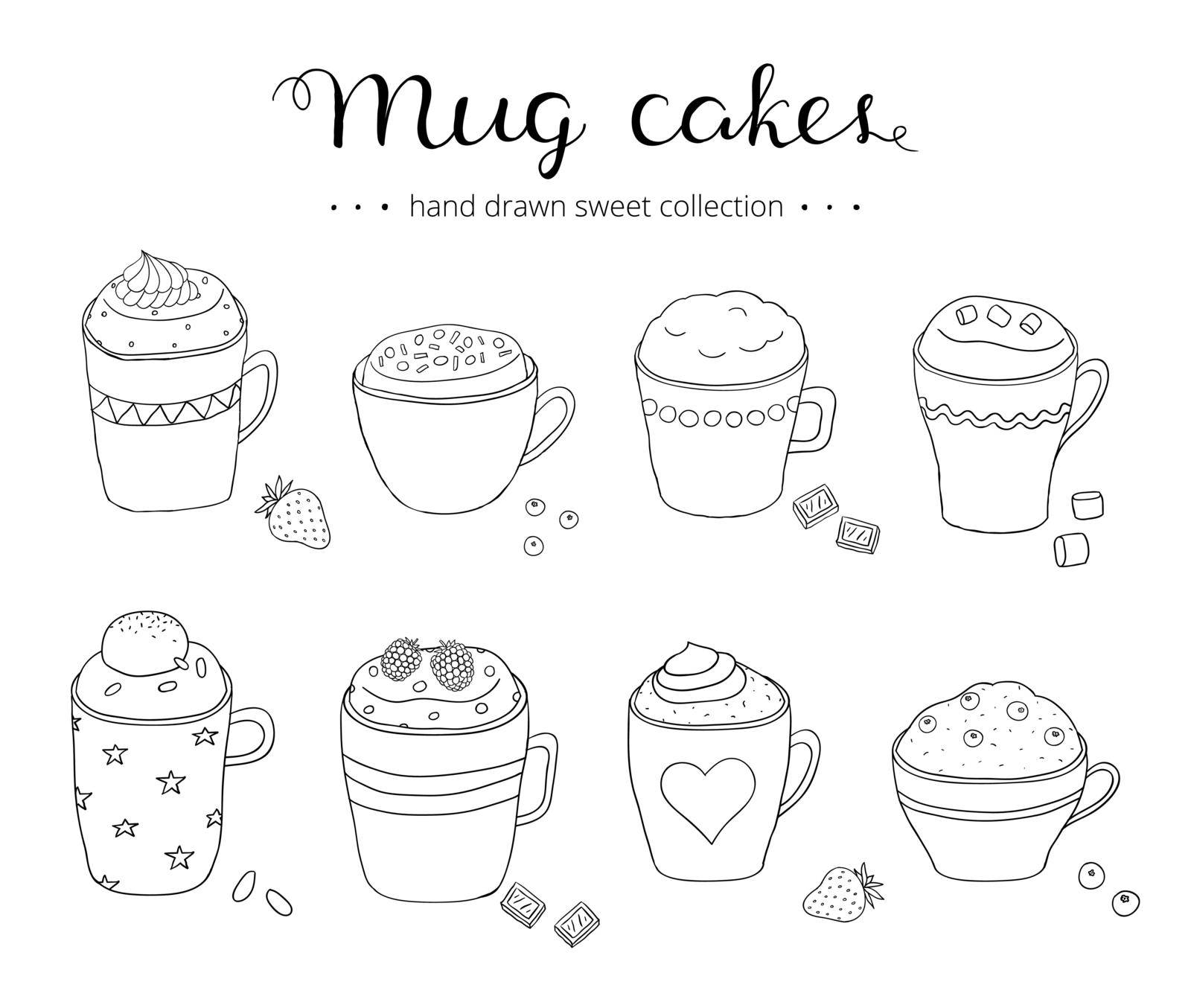 Collection of cute doodle mug cakes. Portional cakes in coffee mugs. Chocolate cake, berry cake, cake with ice cream. Can be used for recipes, postcards, posters, culinary articles.