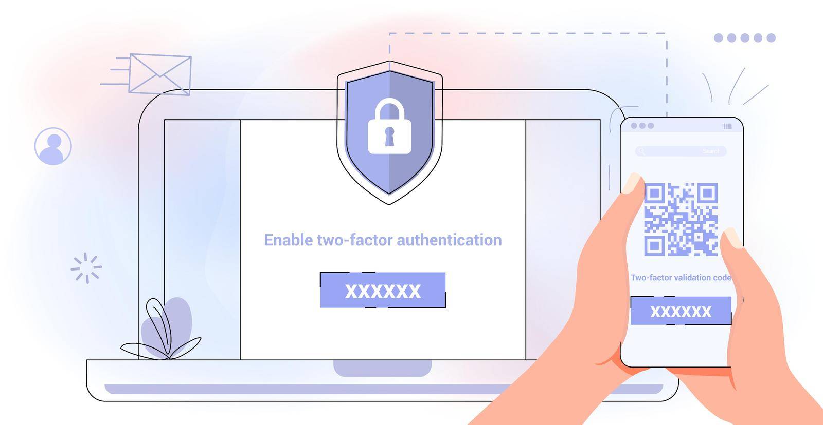 2fa Two factor authentication password secure notice login verification code Notice with code fo sign in Two steps factor verification via laptop and phone Mobile OTP method. Vector flat illustration