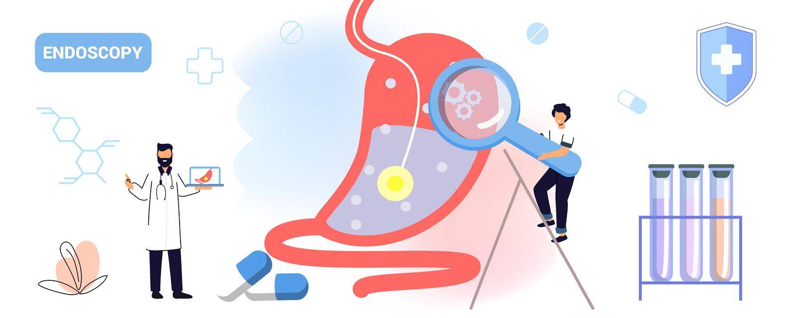 Endoscopy healthcare technology concept vector illustration Gastroenterology stomach and digestive system Medical internal organs disease health care Tract system examination Ultrasound xray diagnosis