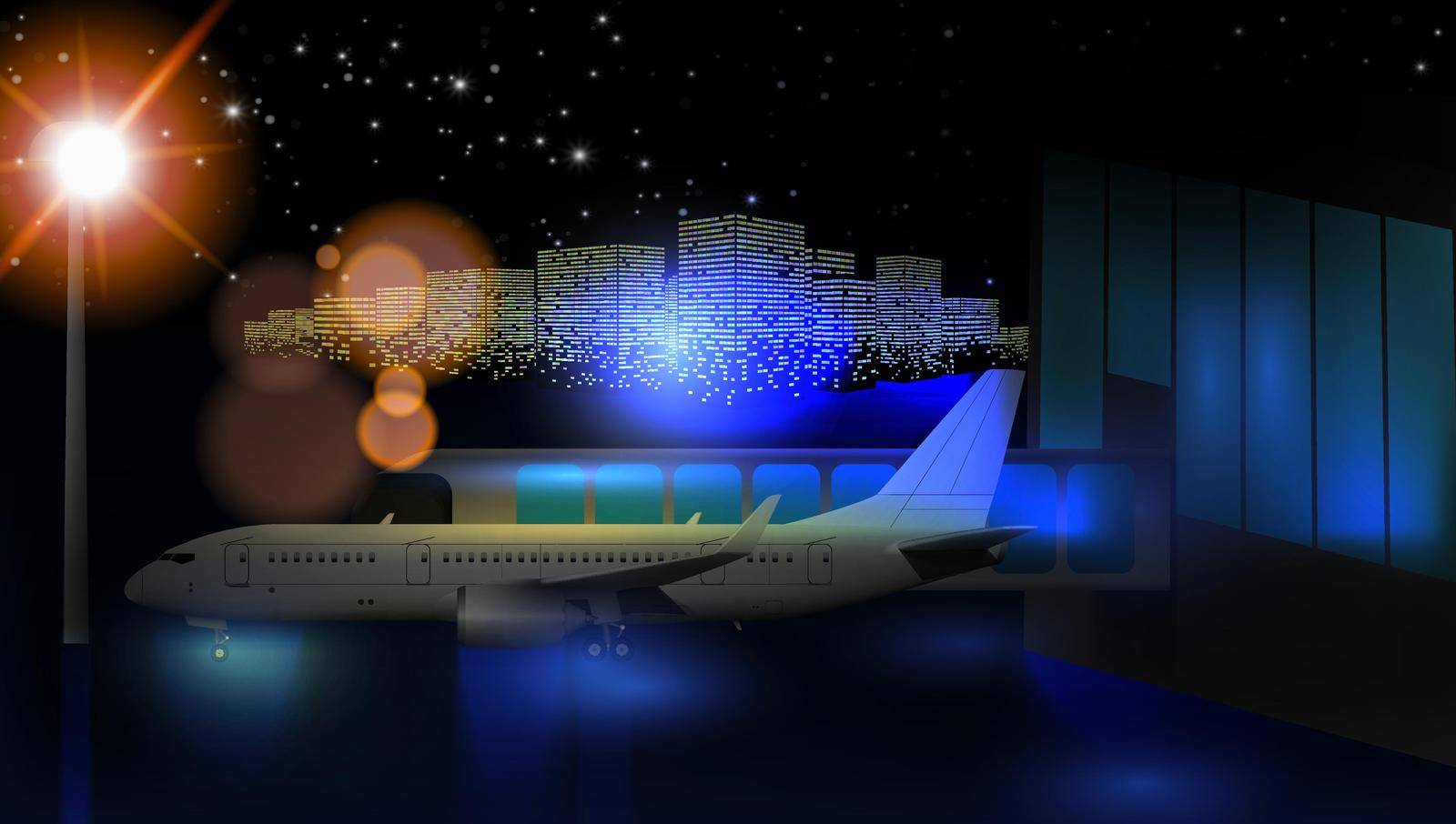 Night View Of The Airport Passenger Airplanes Terminal. EPS10 Vector