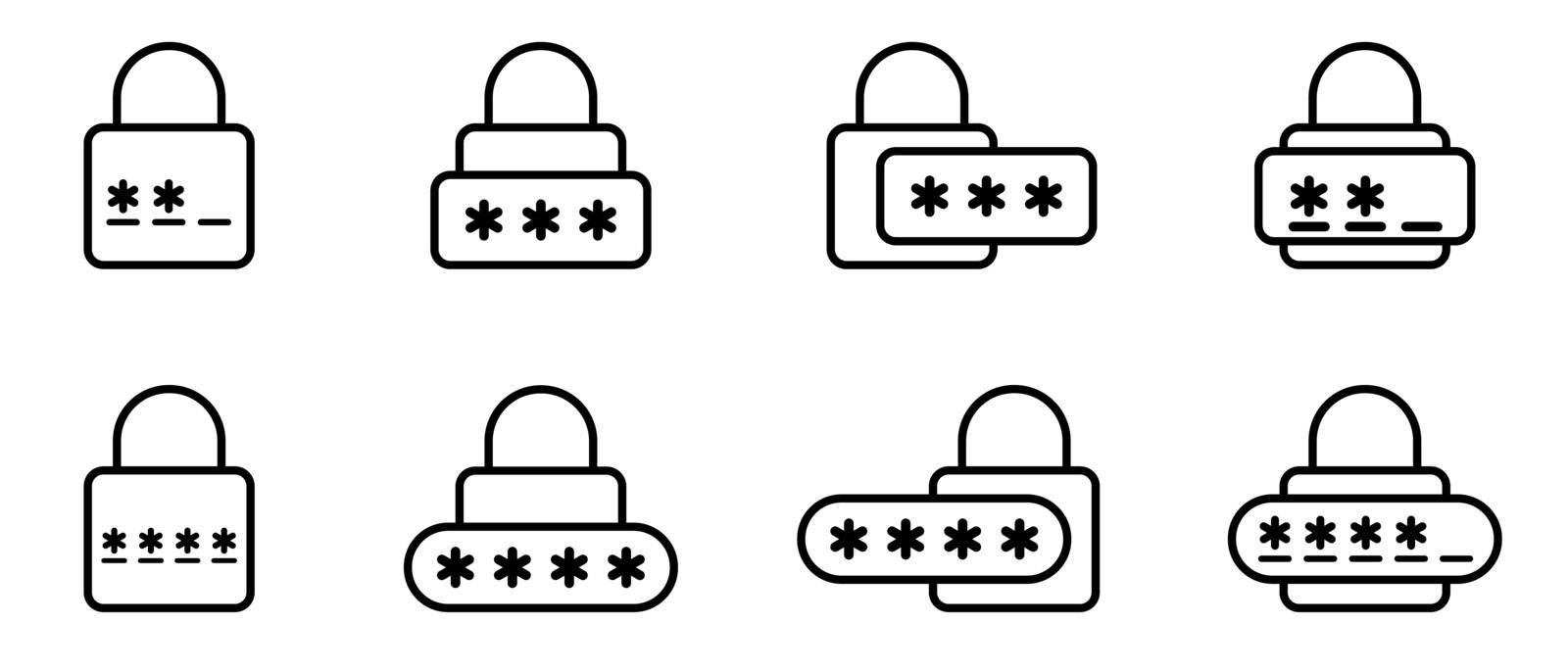 Password icon. Login icon. Vector illustration. Set of varied pincode flat icons. Cyber security black icons.