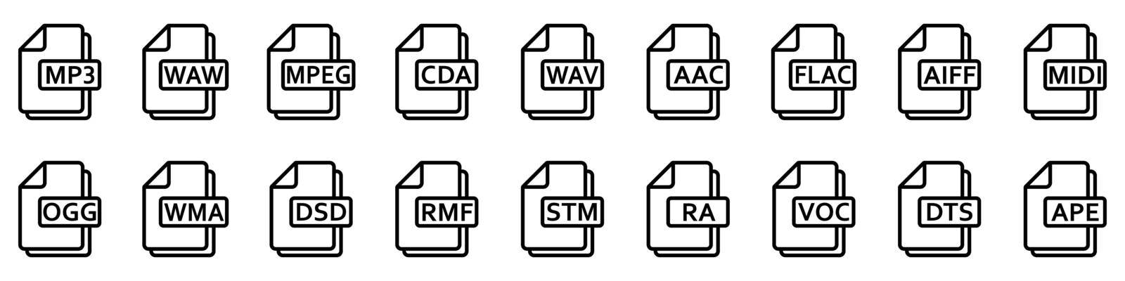 Audio file formats. Vector linear icons. Audio file icons. by Chekman