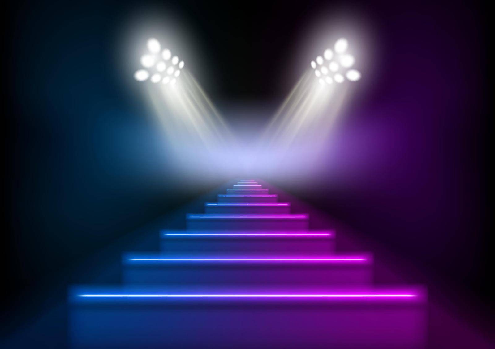 3D Glowing Neon Stairs Illuminated By Spotlights. EPS10 Vector