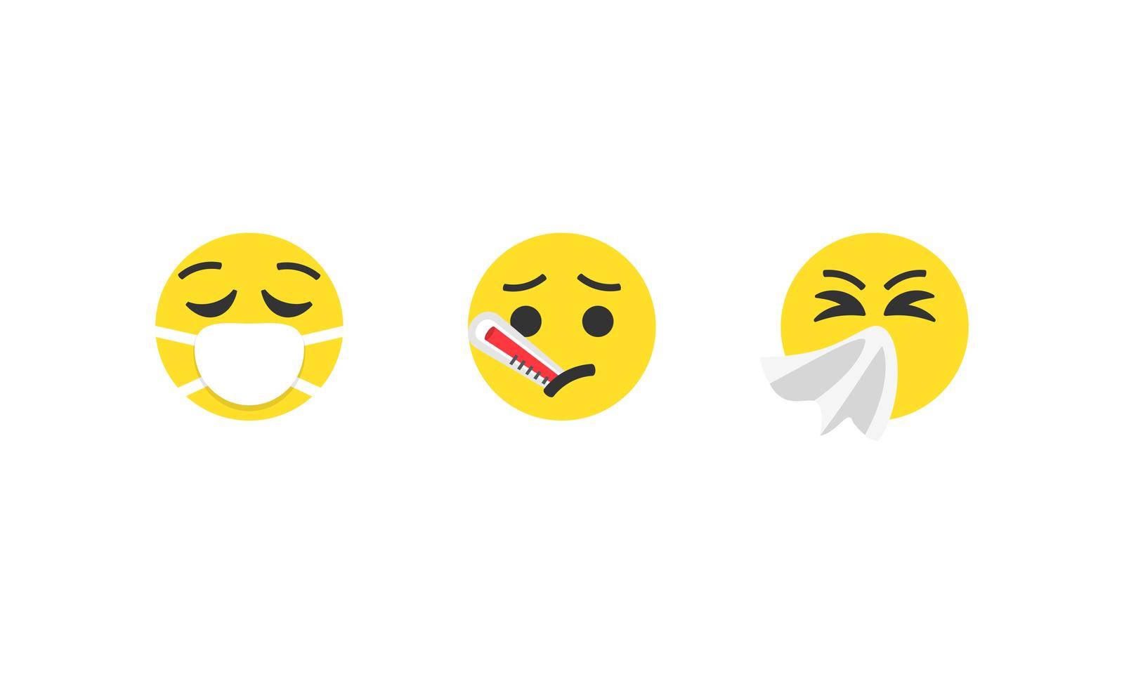 Sick emoji vector set. Sick emoticons Masked with thermometer and handkerchief.
