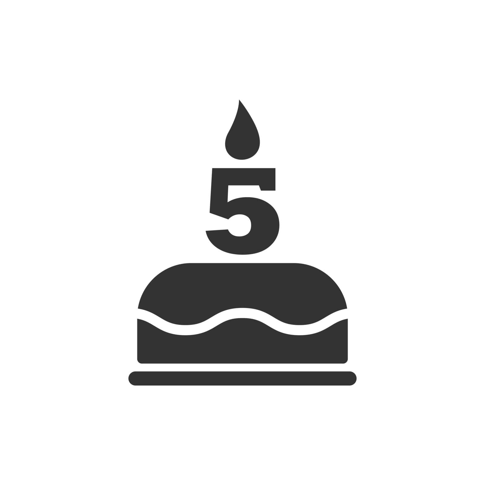 Happy fifth birthday icon. Cake with a candle in the form of the number 5. Vector symbol