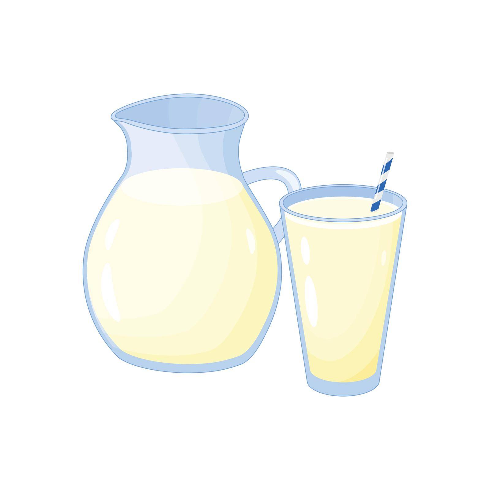 Cartoon milk in jar and glass isolated on white background.