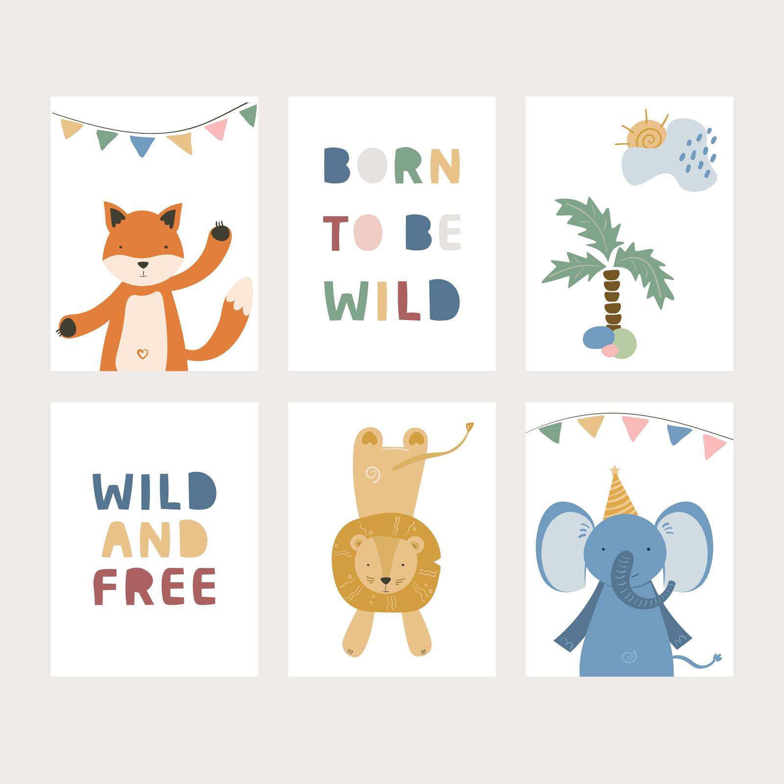 Cartoon cute animals baby card collections. Vector illustration. Elephant, lion and fox