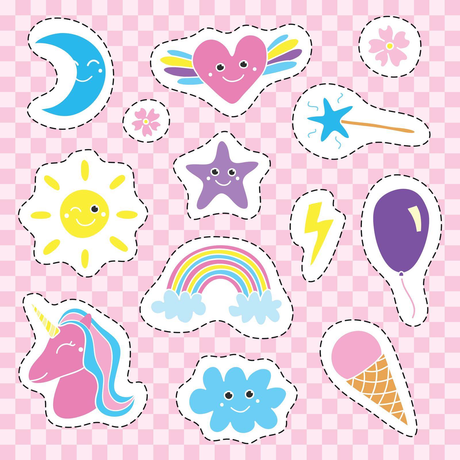 Cute collection of doodle girly magic colorful pop art patches without contour.