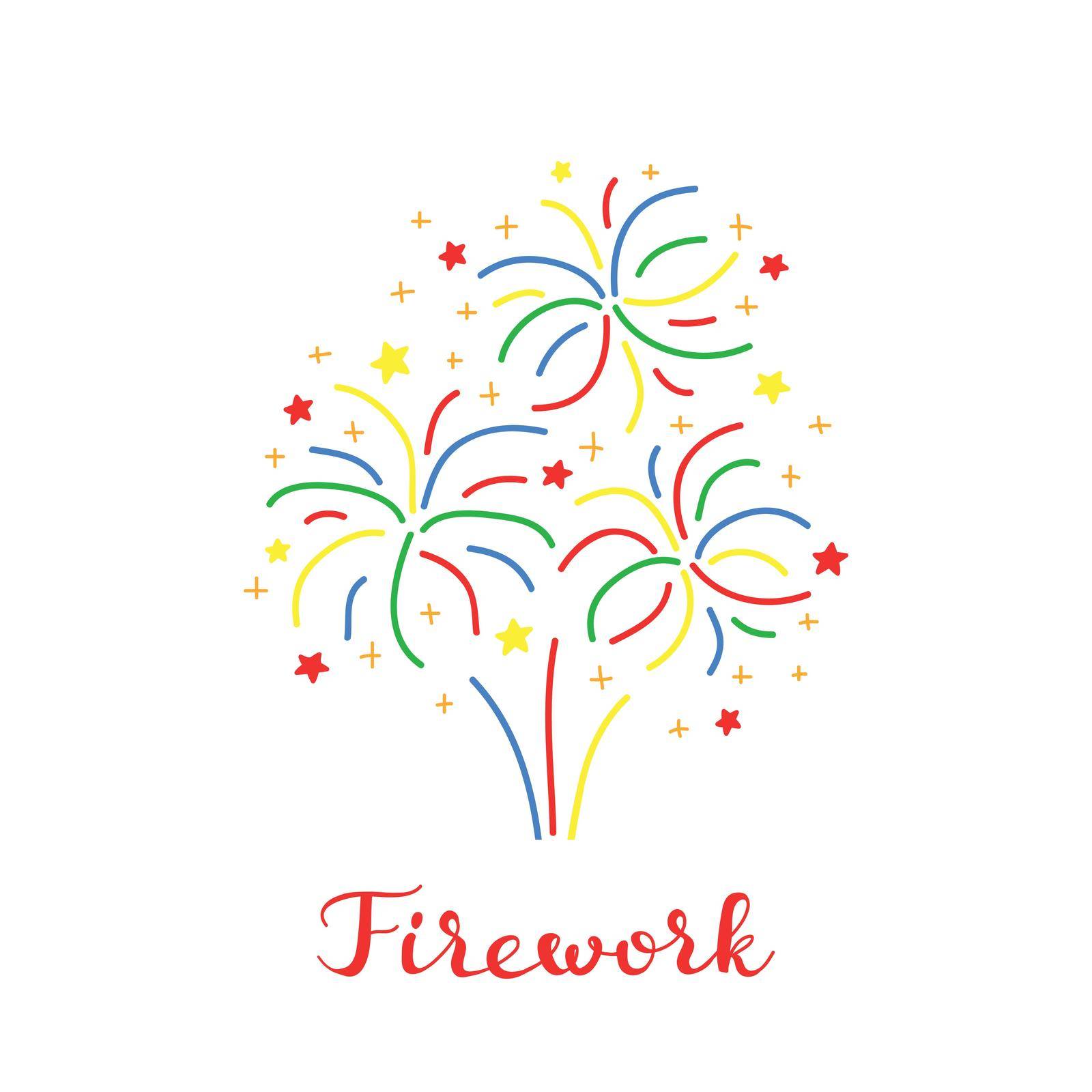 Composition of colorful doodle fireworks with lettering isolated on white background.
