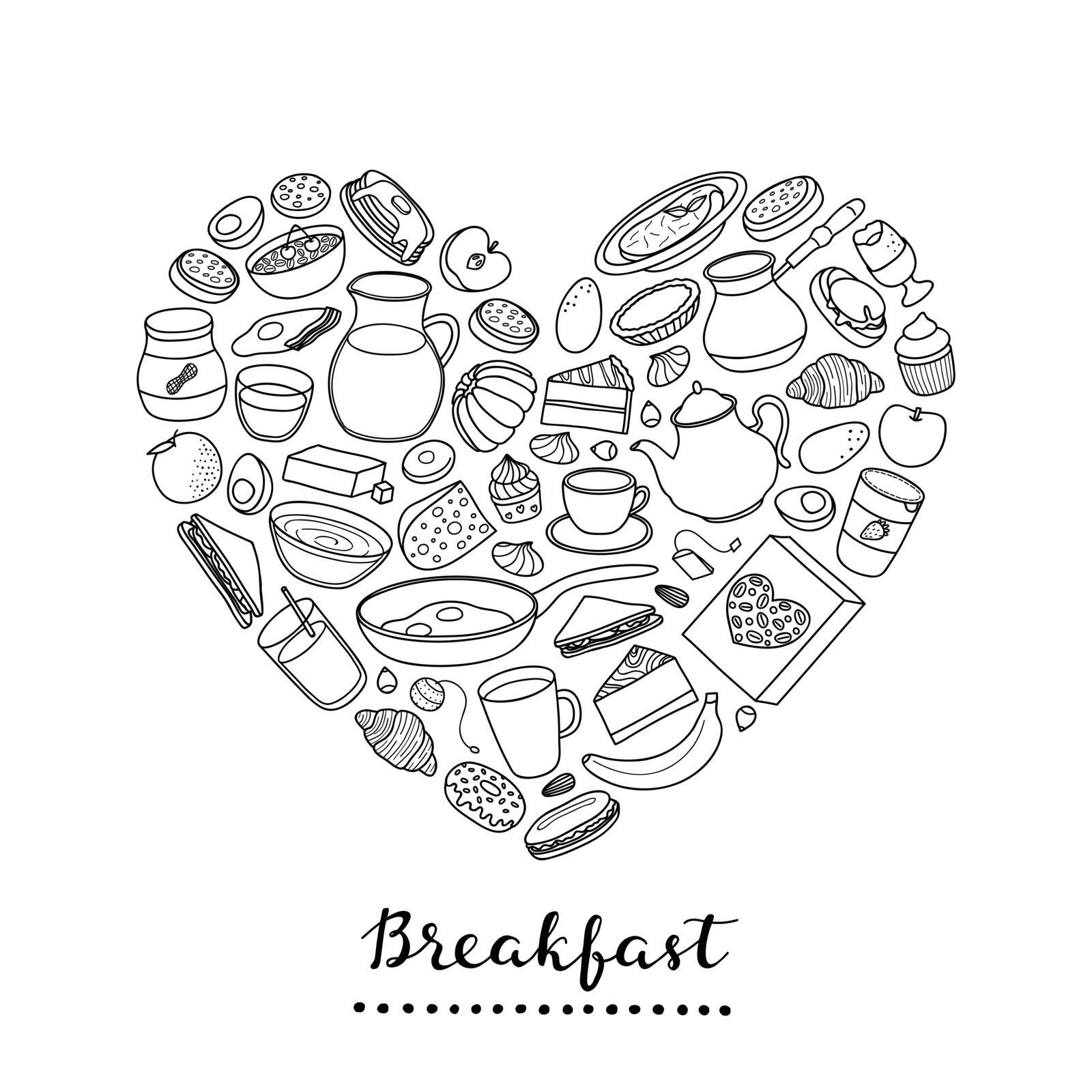 Hand drawn outline buffet style breakfast dishes including eggs, pancakes, beverages, fruits, sandwiches, cereals and yogurt composed in heart shape.