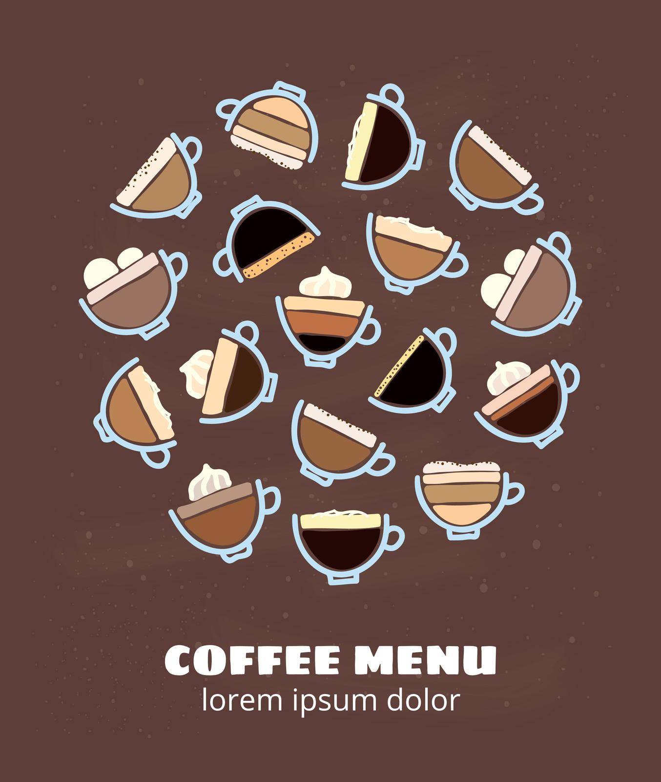 Different doodle coffee drinks in circle shape isolated on brown background.