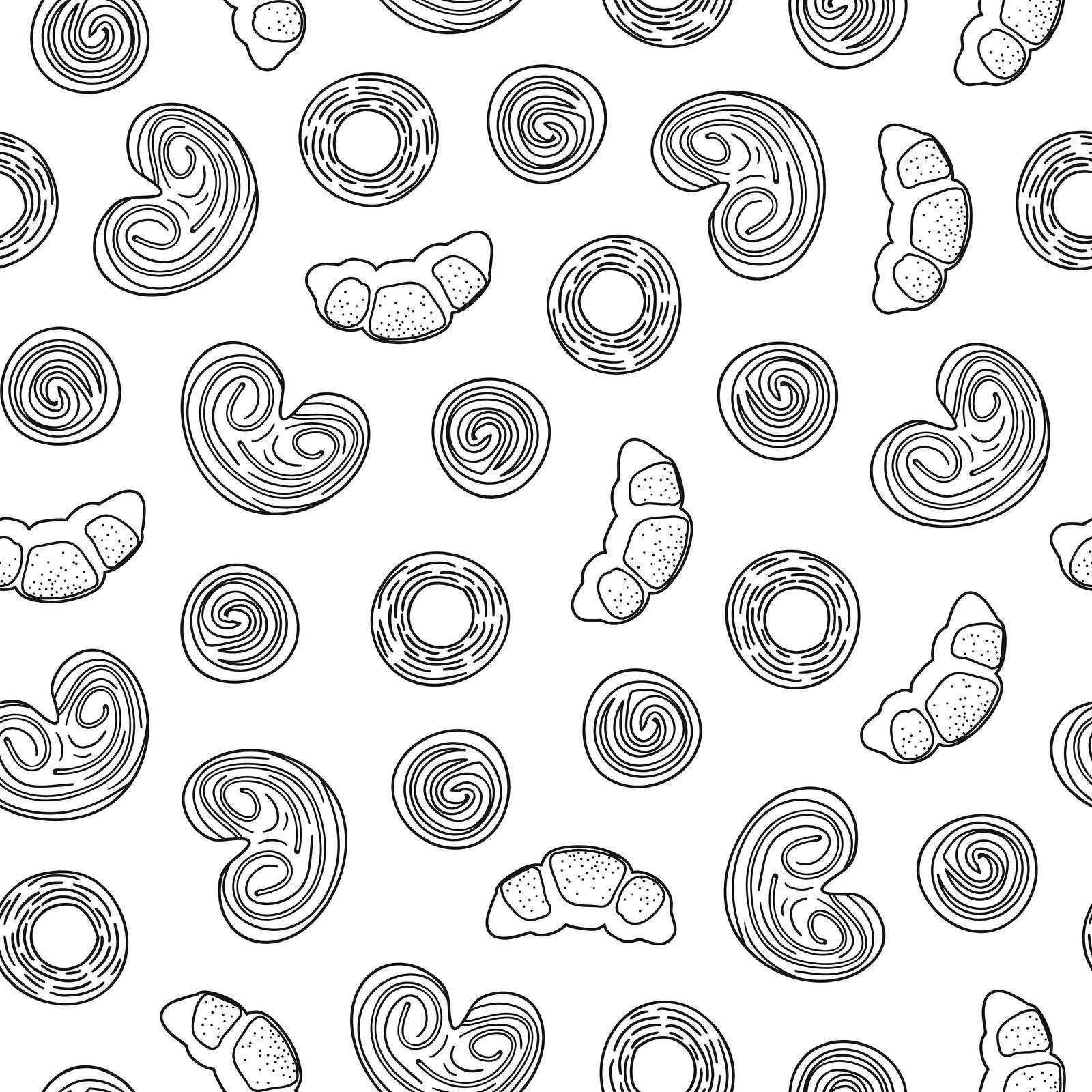 Seamless pattern with puffs, croissants, buns. by Minur