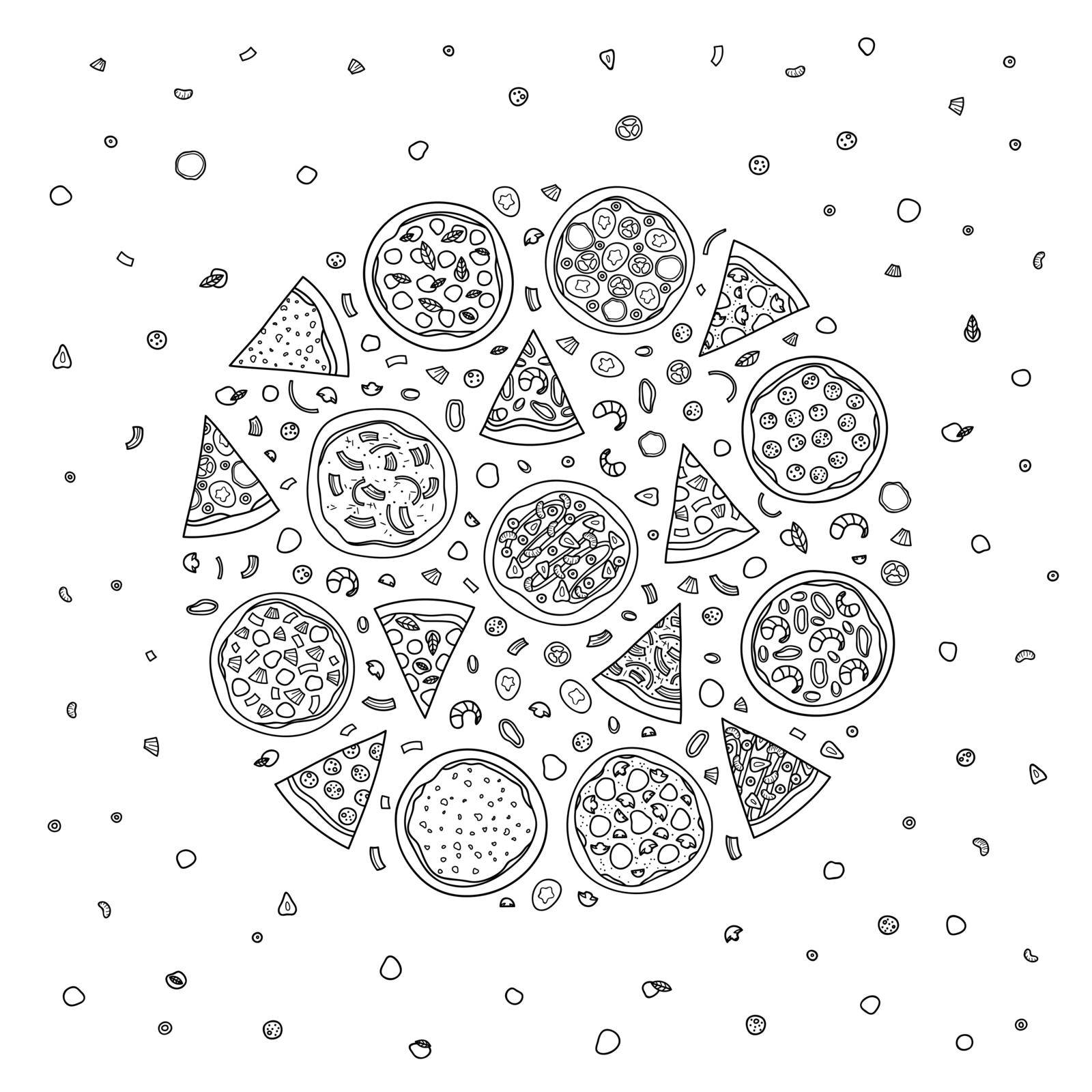 Different doodle outline pizza with ingredients composed in circle shape.