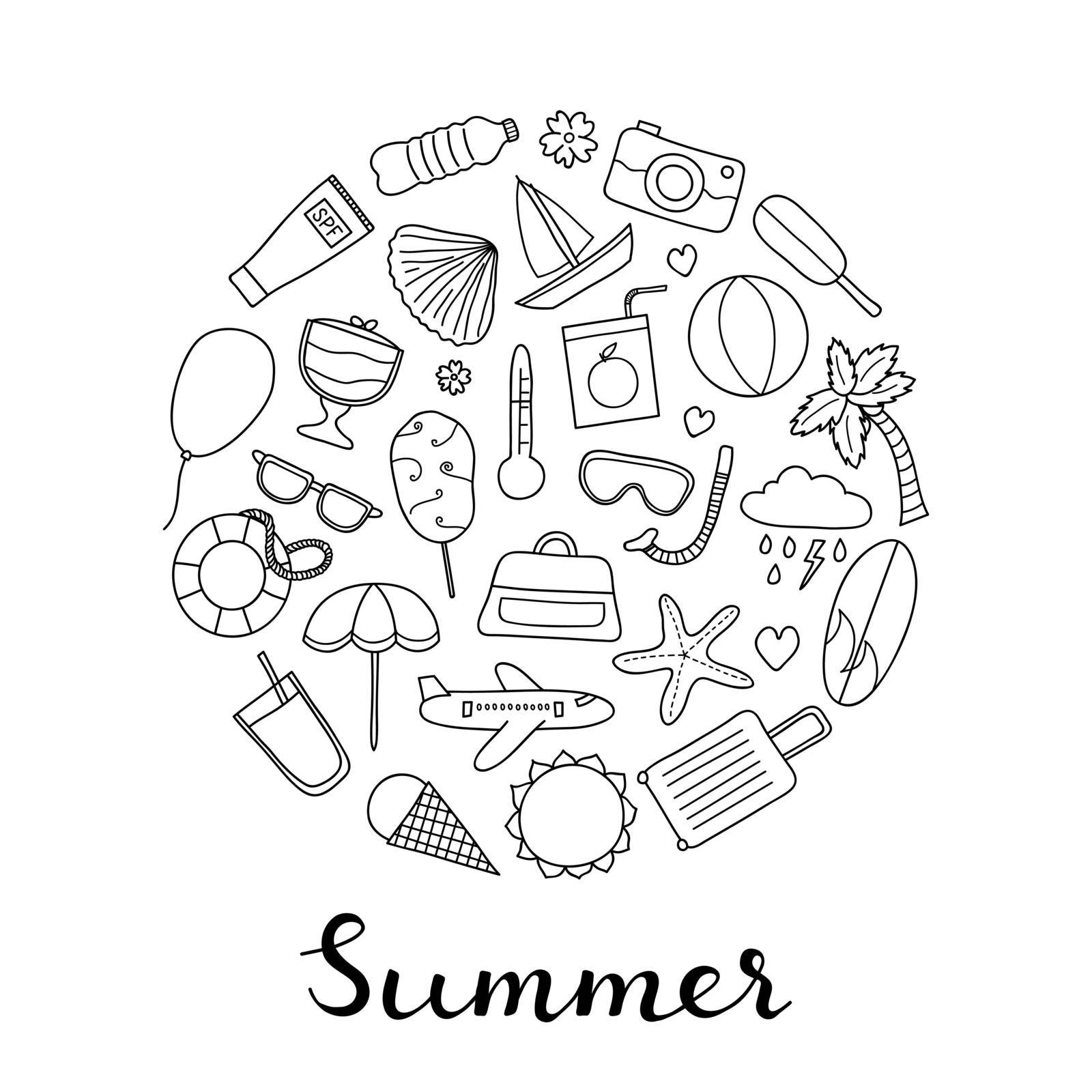 Doodle outline summer and vacation items composed in circle shape with lettering.