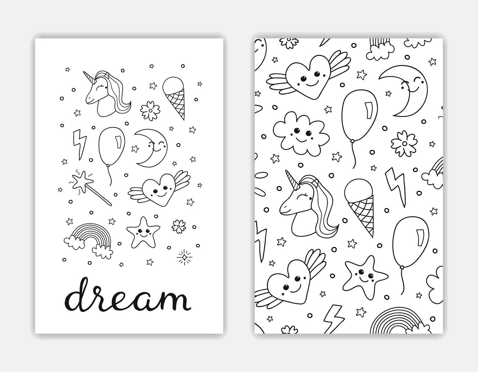 Card templates with hand drawn outline cute items and lettering. Used clipping mask.