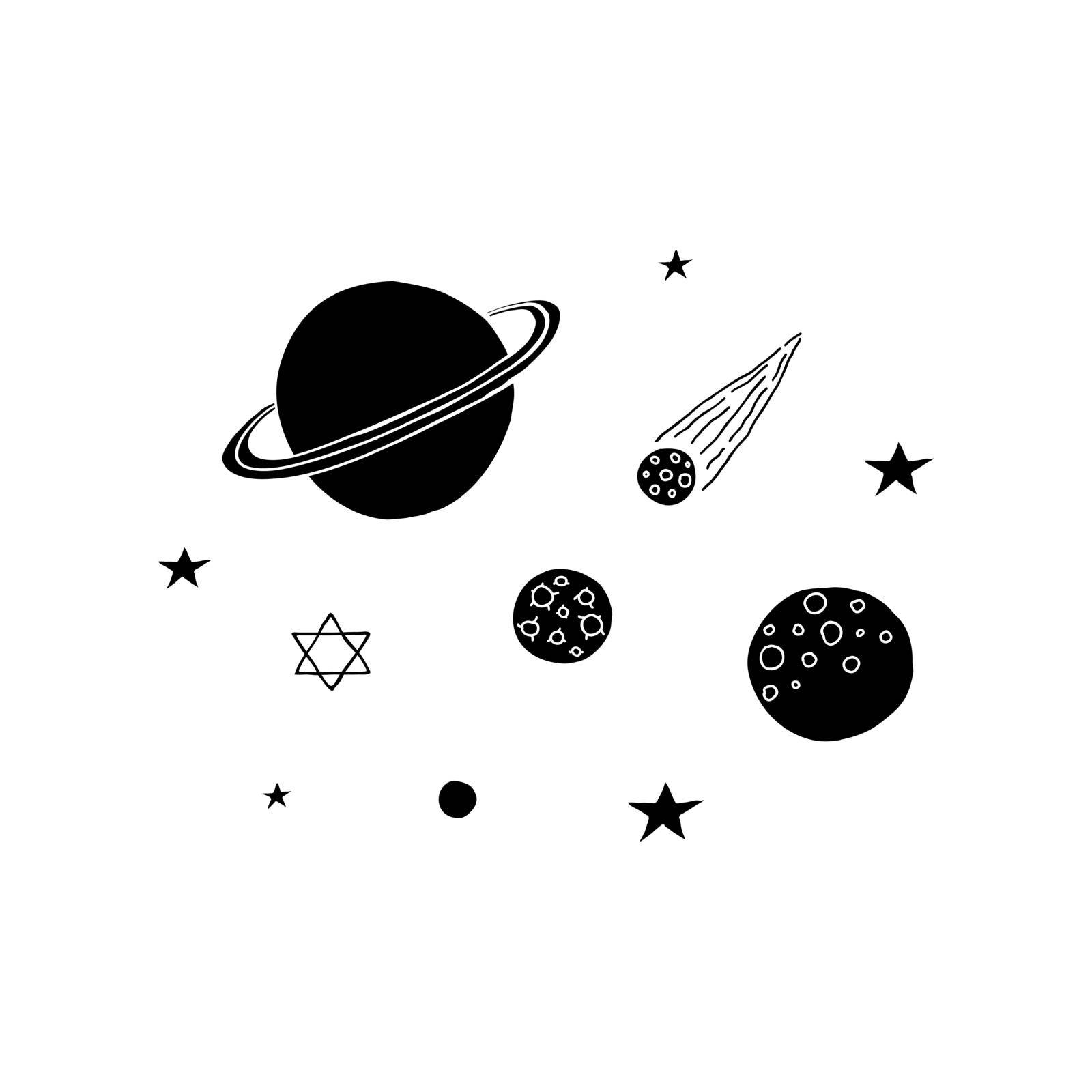 Composition of hand drawn black space planets, asteroid and stars isolated on white background.