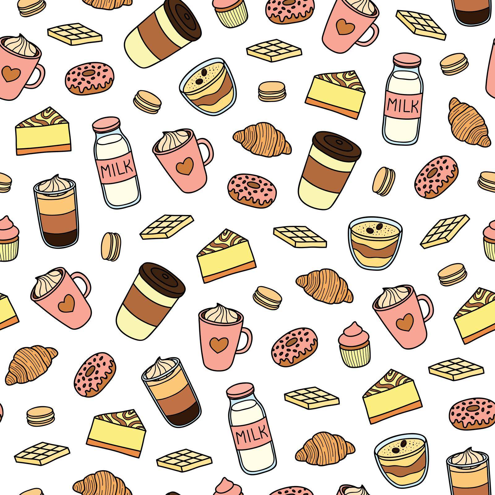 Seamless pattern with hand drawn colored coffee, milk, sweets and desserts.