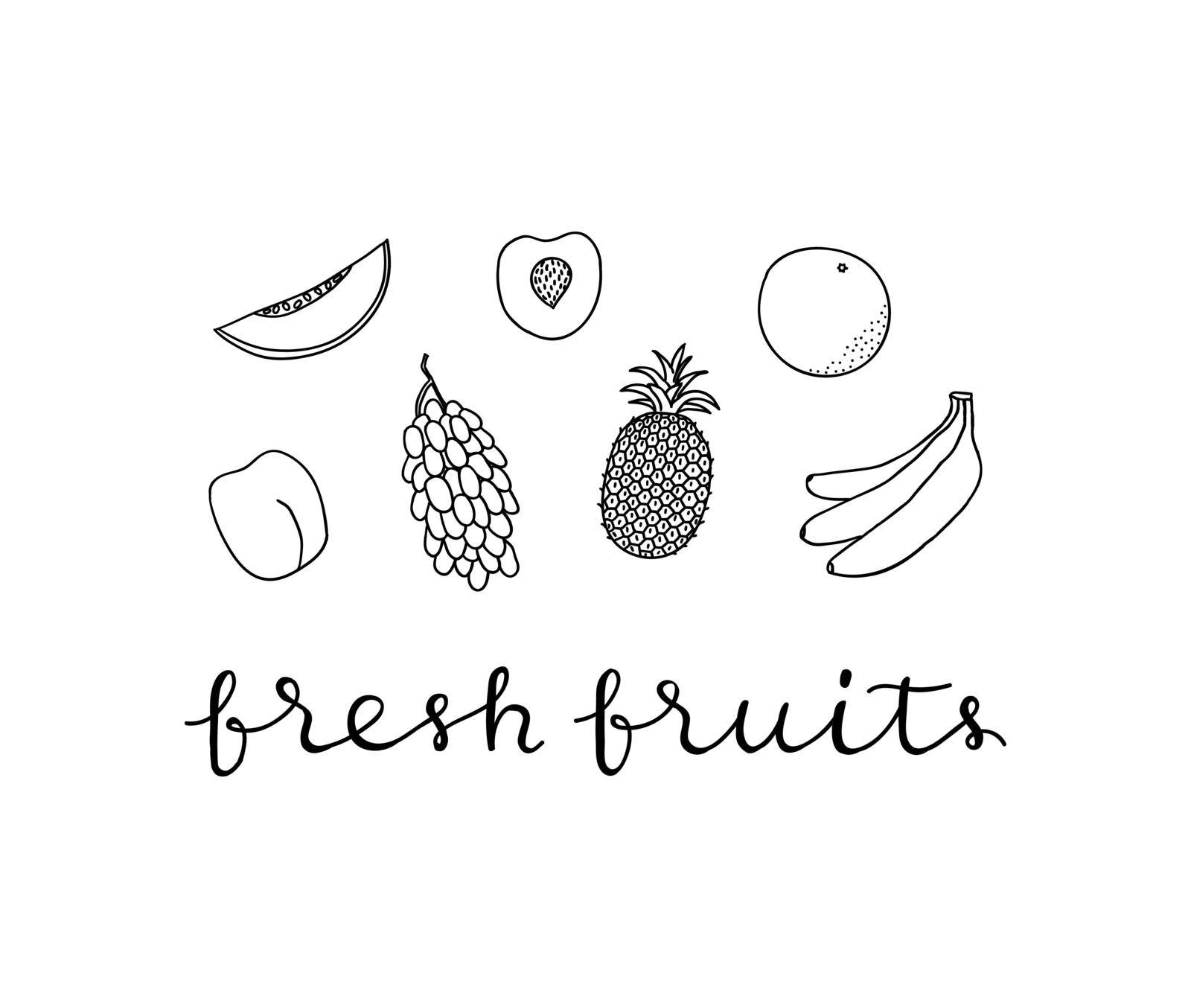 Composition with hand drawn outline fruits and lettering on white background.