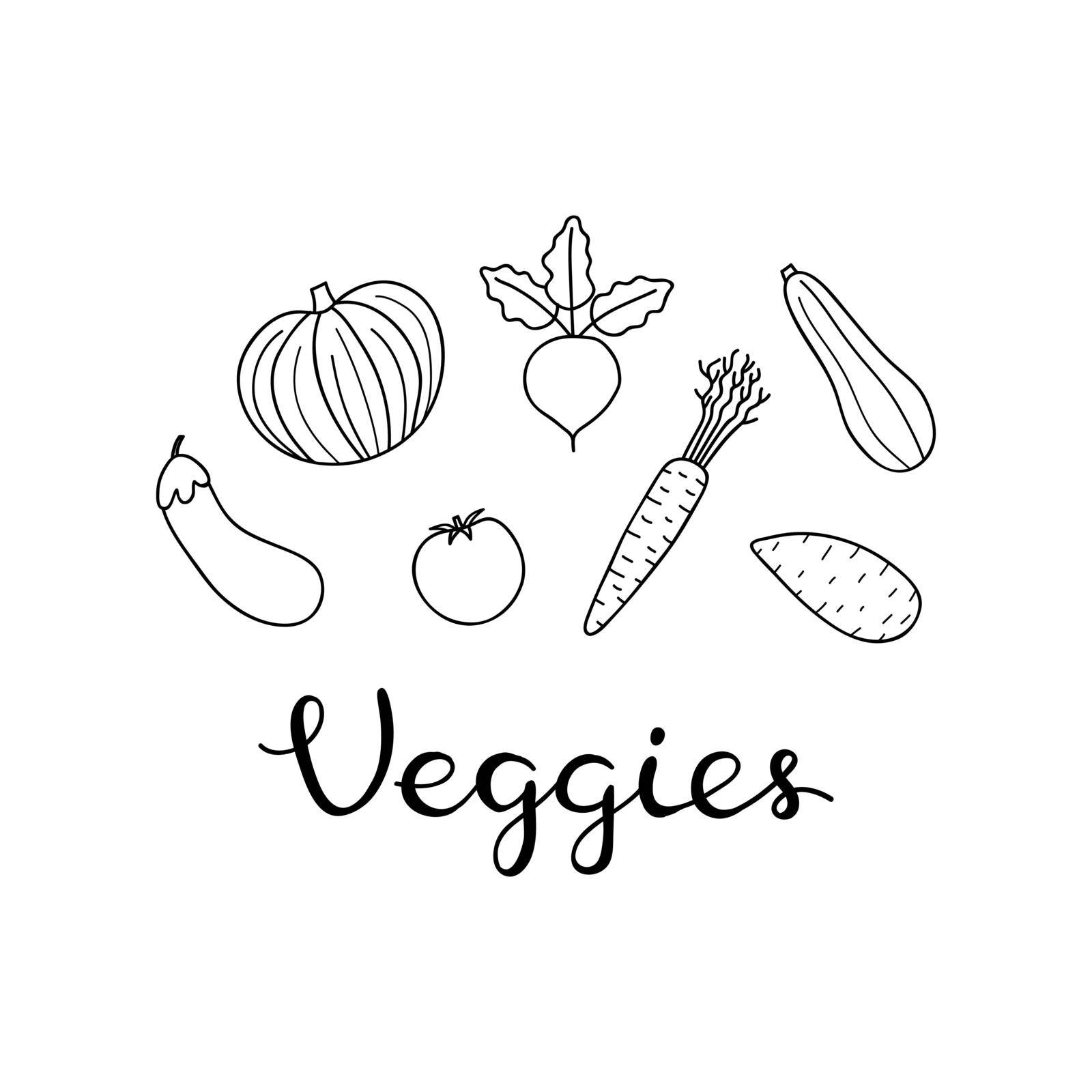 Composition with hand drawn outline veggies and lettering on white background.