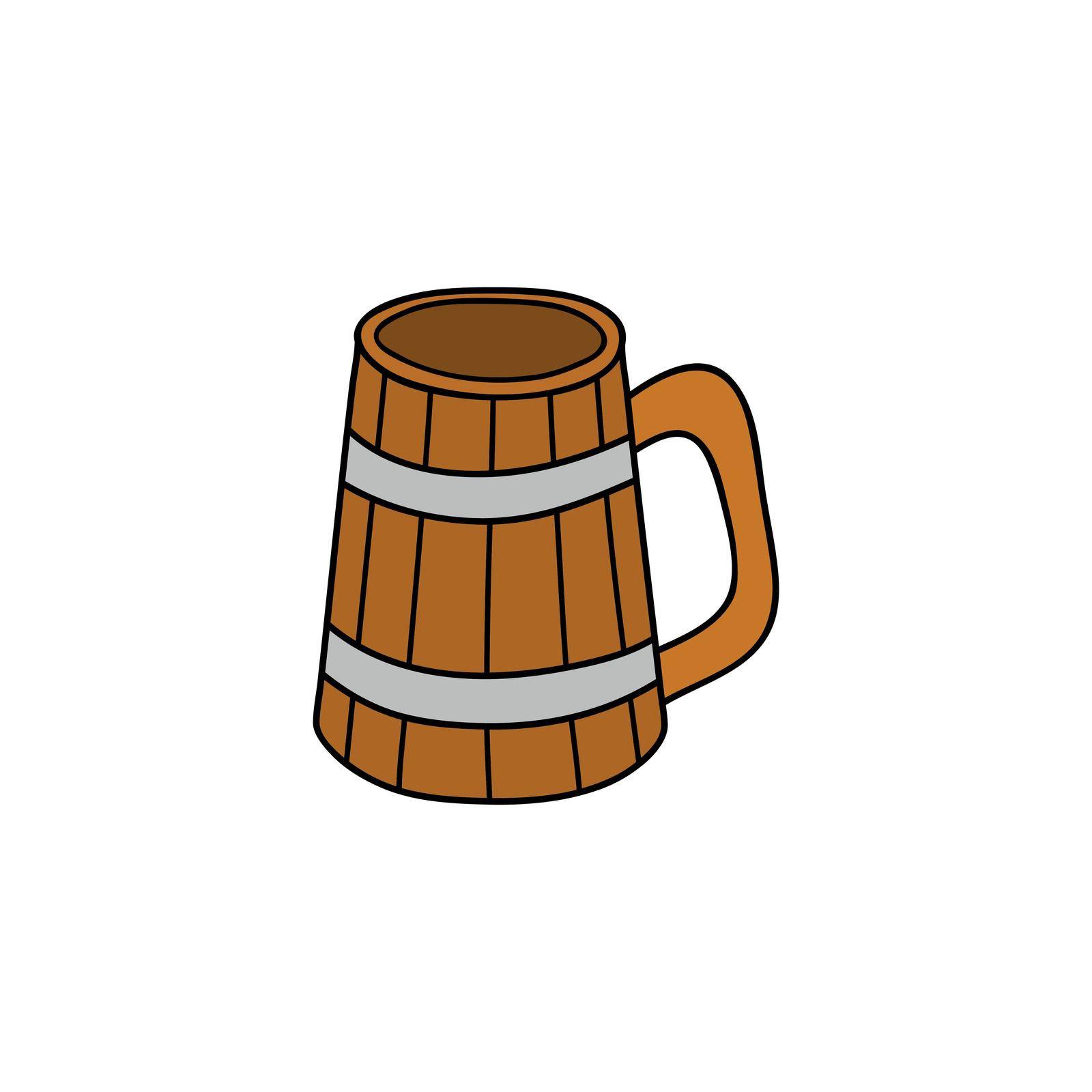 Hand drawn colored wooden mug for beer isolated on white background.