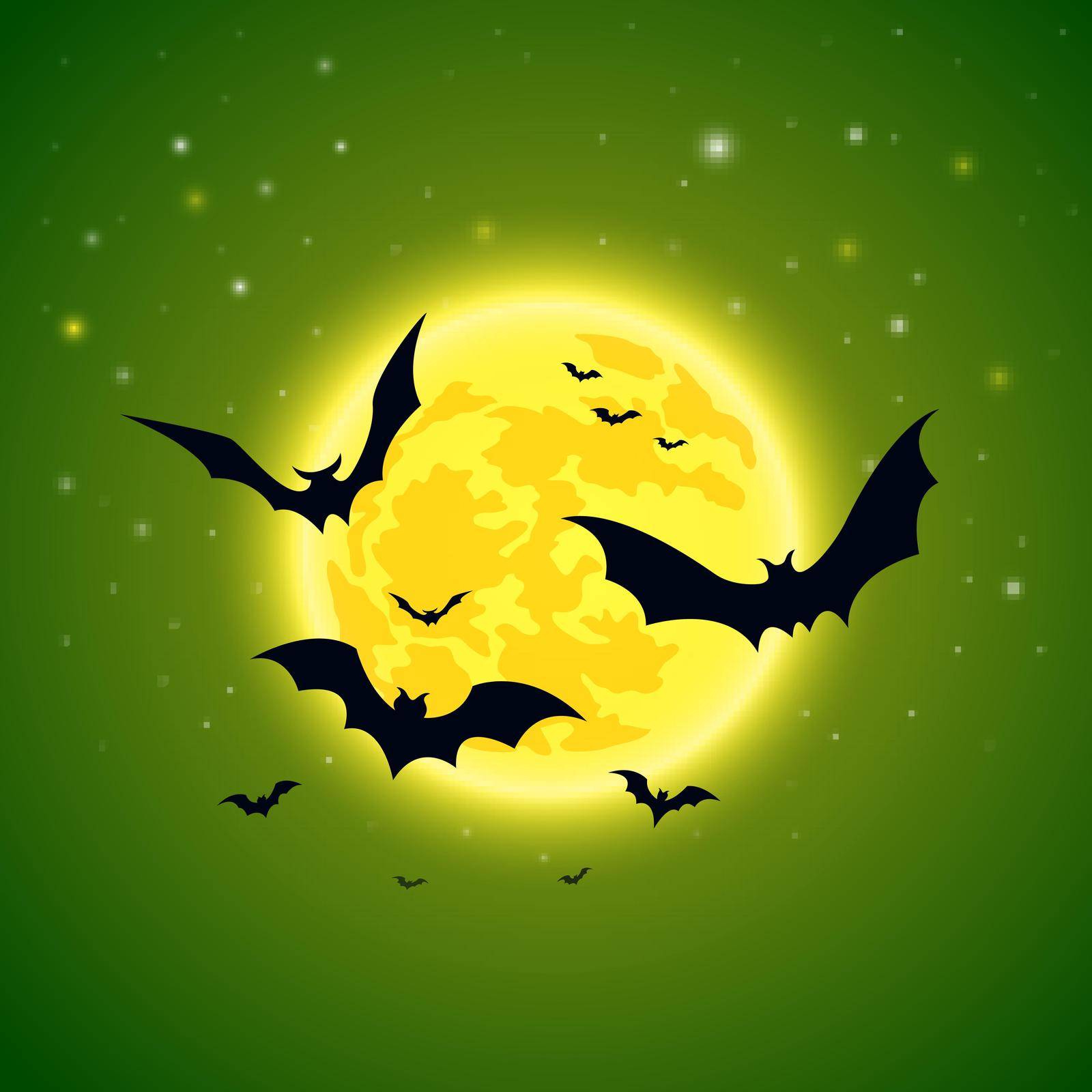 Halloween. Bats on a background of starry sky and full yellow moon. Stock vector illustration.
