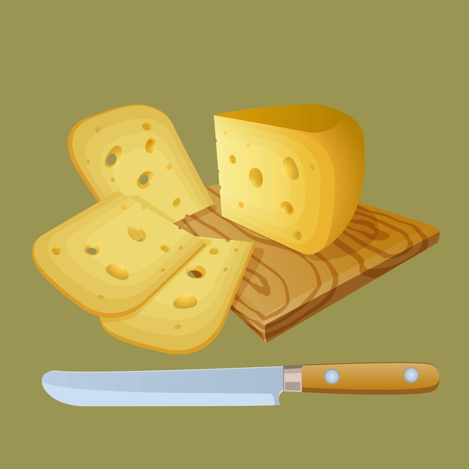Cheese cut into chunks. Kitchen cutting board. Knife for slicing cheese. Stock Vector illustration.