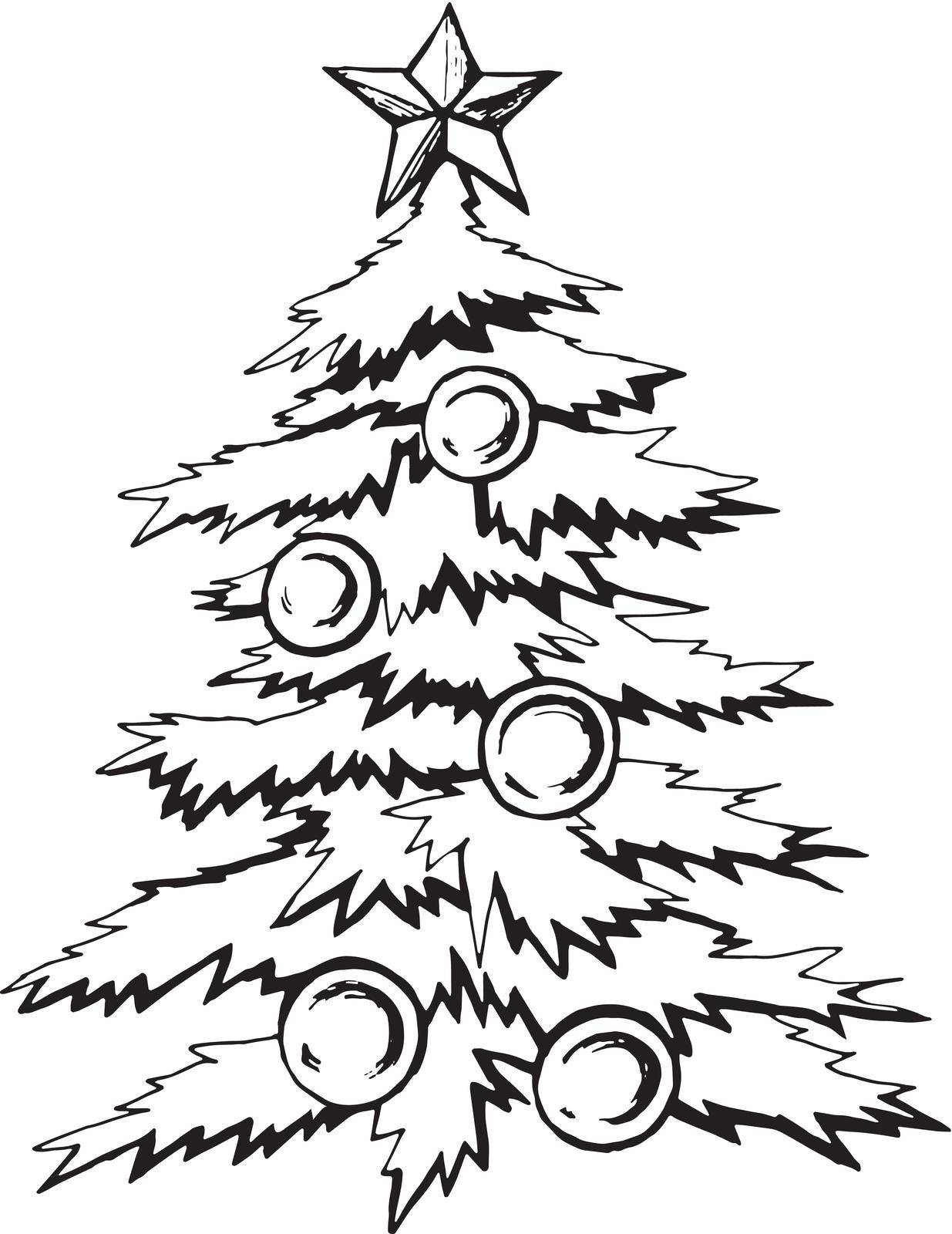 Hand drawn painted Christmas tree decorated with balls. For the creation of holiday cards, backgrounds and ornaments. Vector illustration.