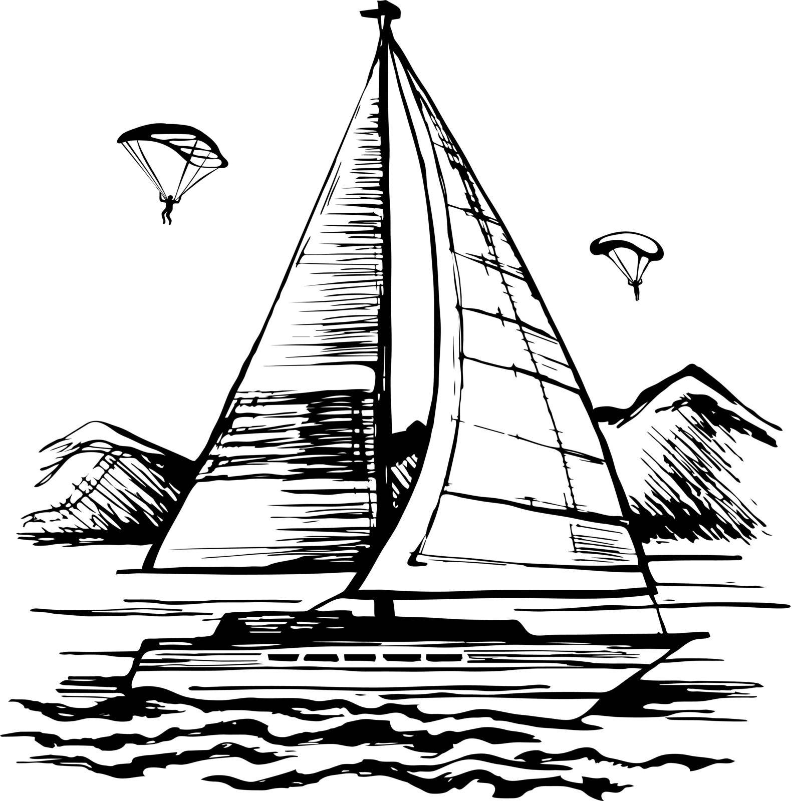 Sailing ship vector sketch. A ship on the background of mountains. Active sailing and parachuting.