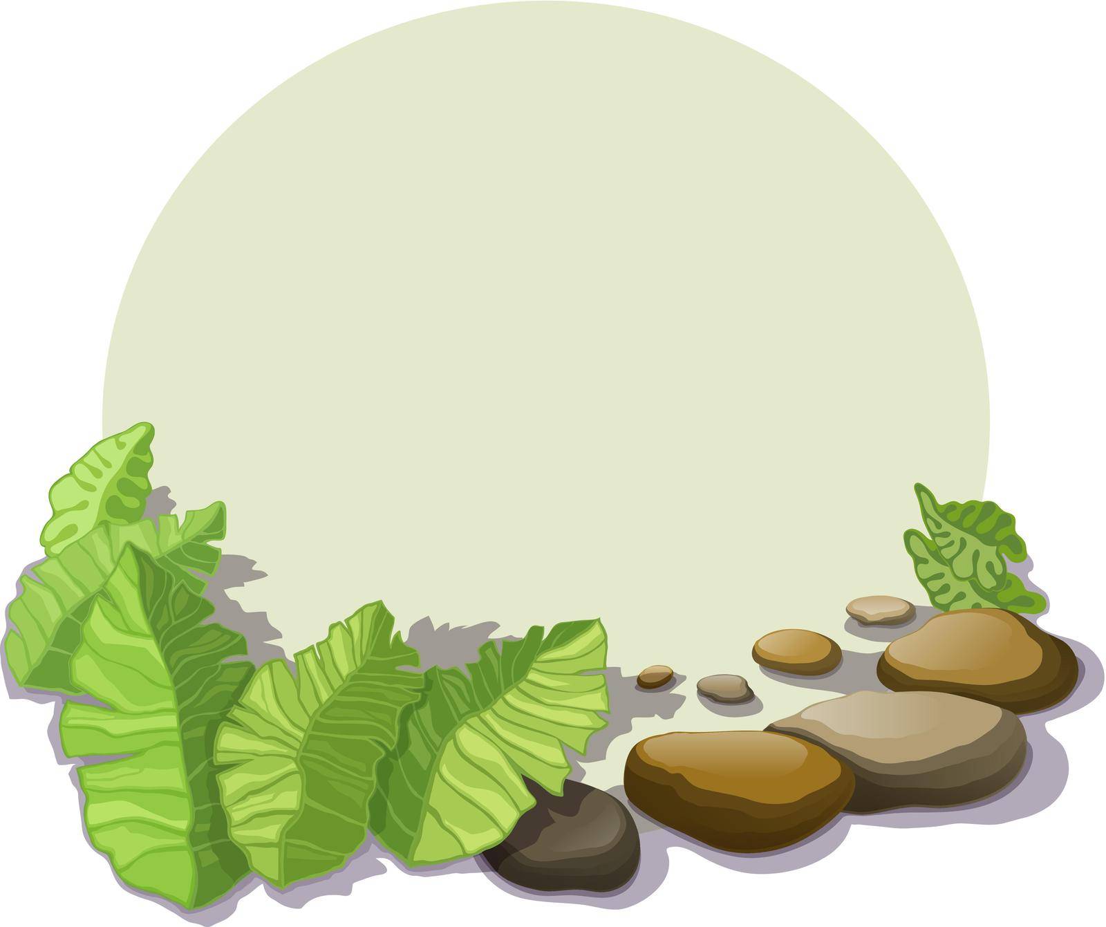 Tropical foliage and stone boulders with shadow, isolated on a circle background.