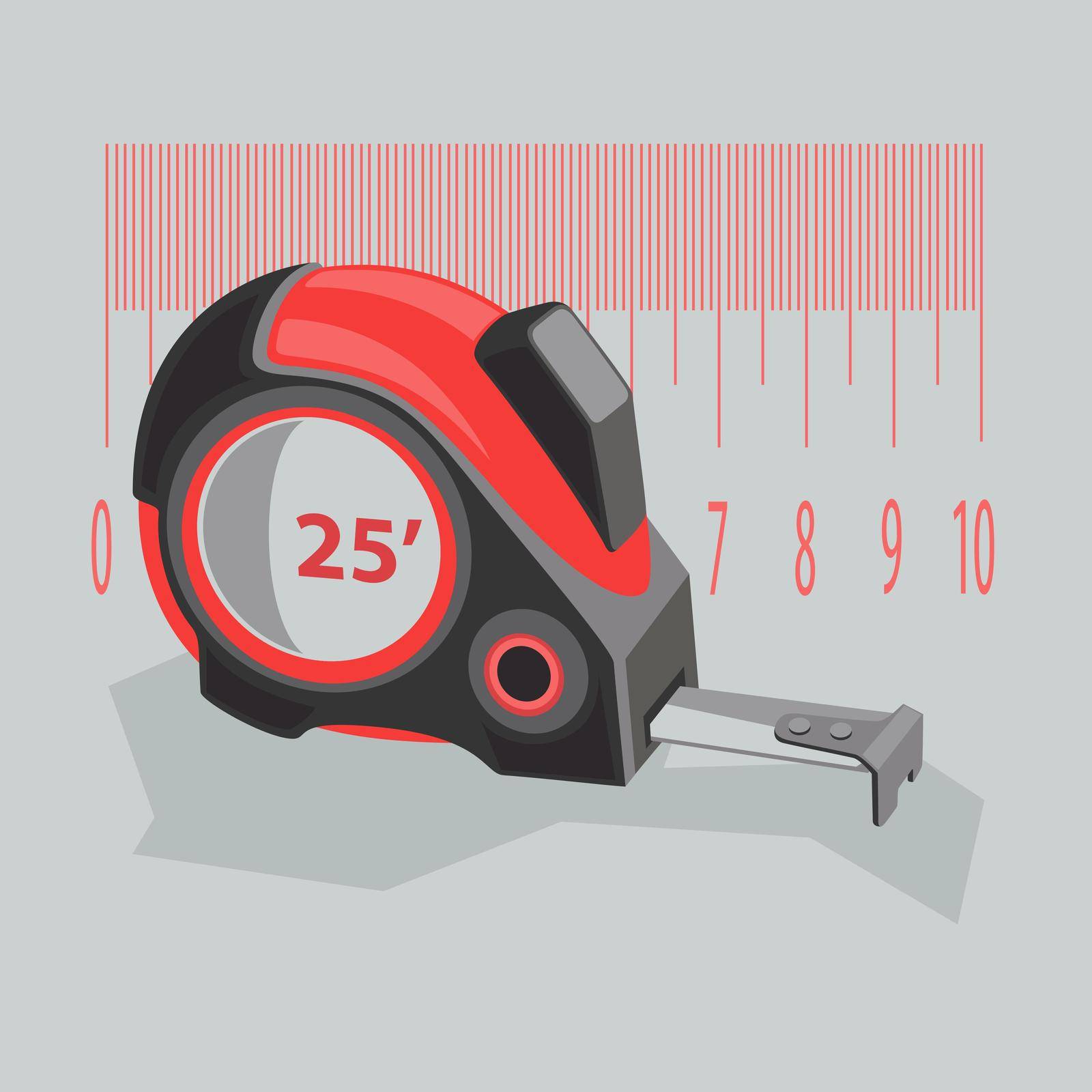 Measuring tape of red color on a gray background. Stylized construction tools with numbers. Stock vector illustration of a flat.