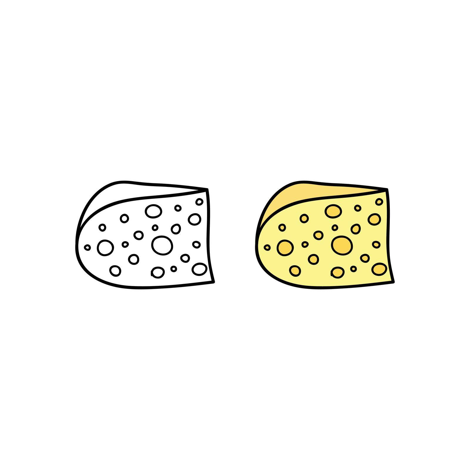 Hand drawn outline and colored emmental cheese isolated on white background.