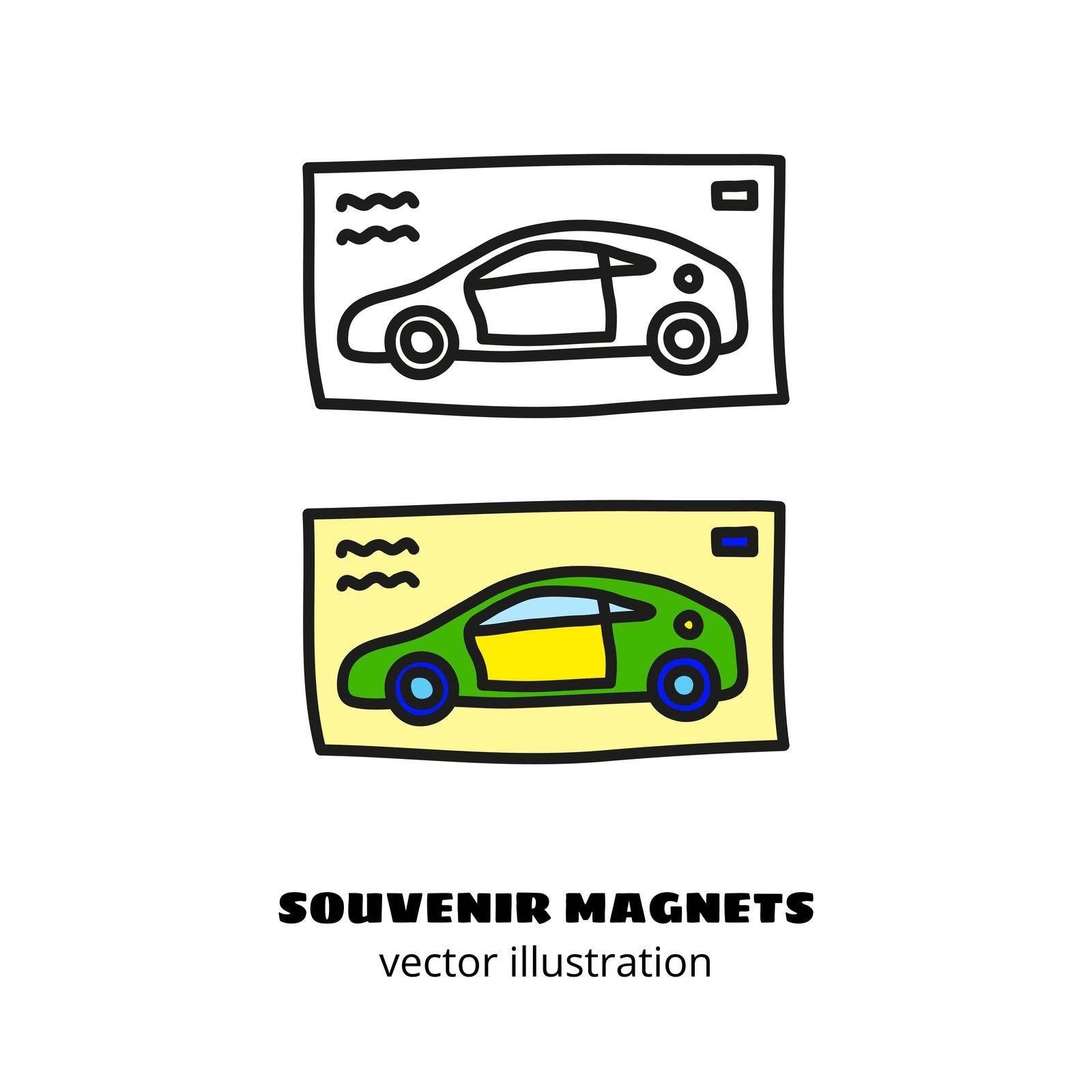 Doodle outline and colored souvenir magnet or sticker with car isolated on white background.