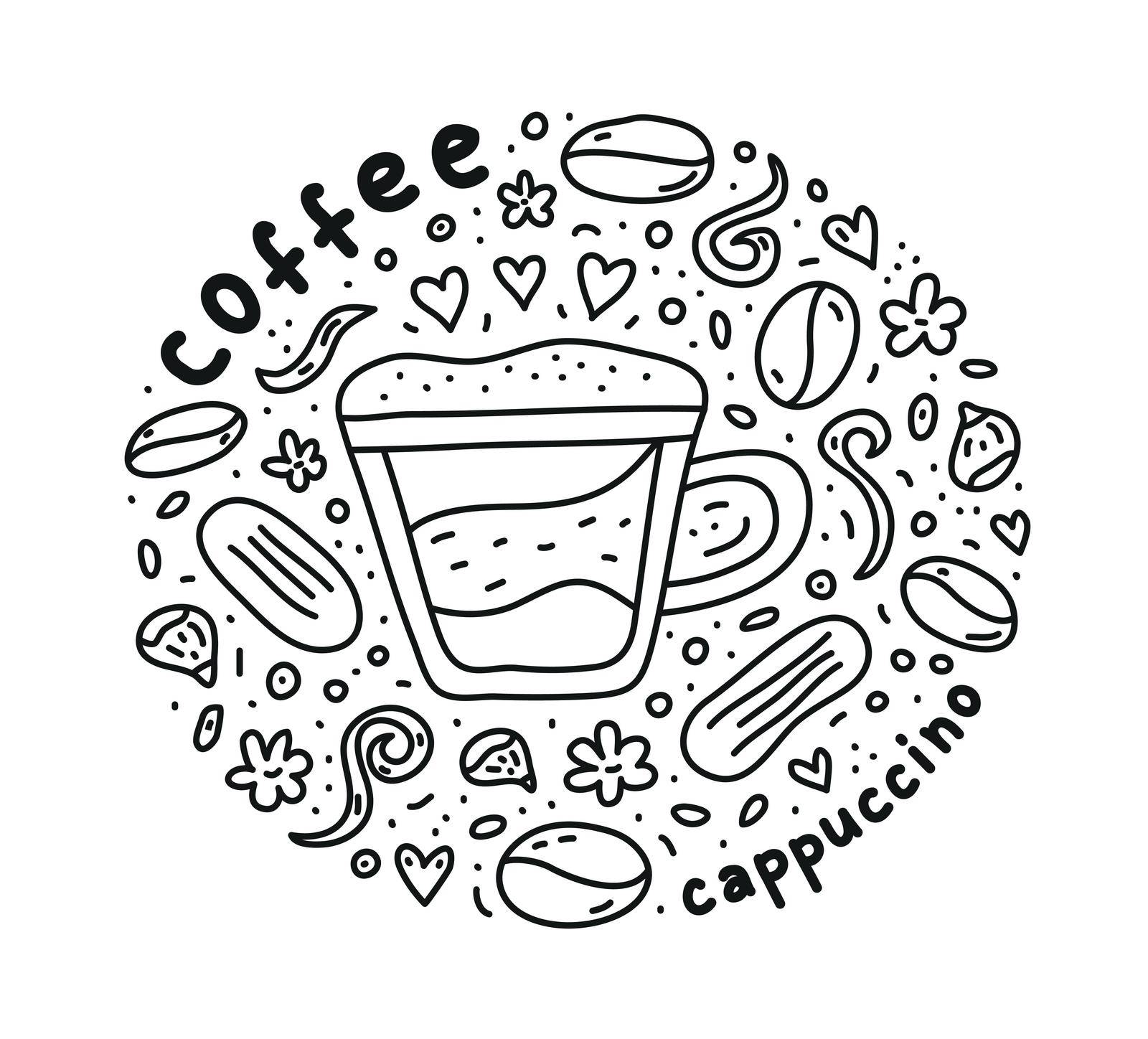 Poster with cute doodle cappuccino coffee drink and beans, cookies, spices, dots around.