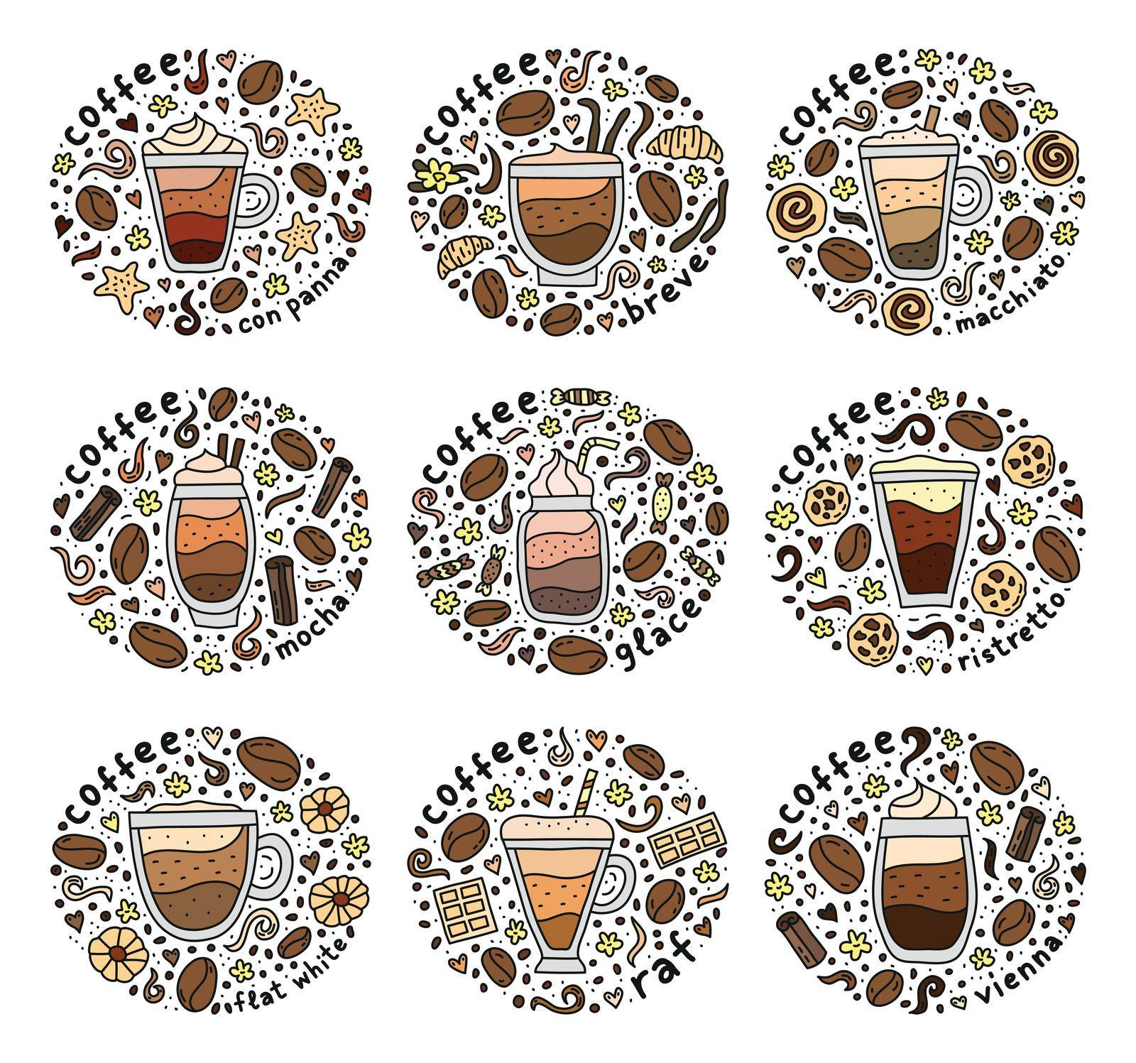 Set of cute compositions with doodle colored coffee drinks, lettering and other elements isolated on white background.