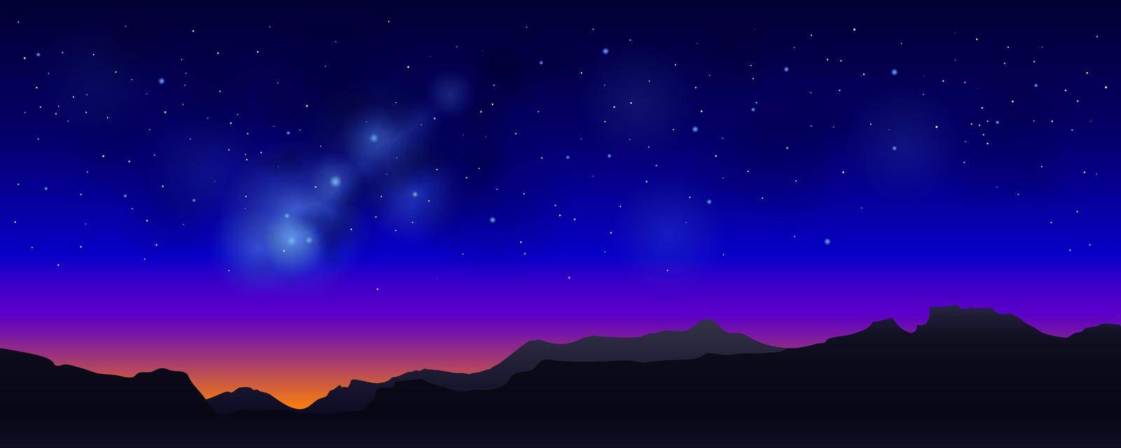 Milky way and sunset in the mountains. Night starry sky panoramic background.