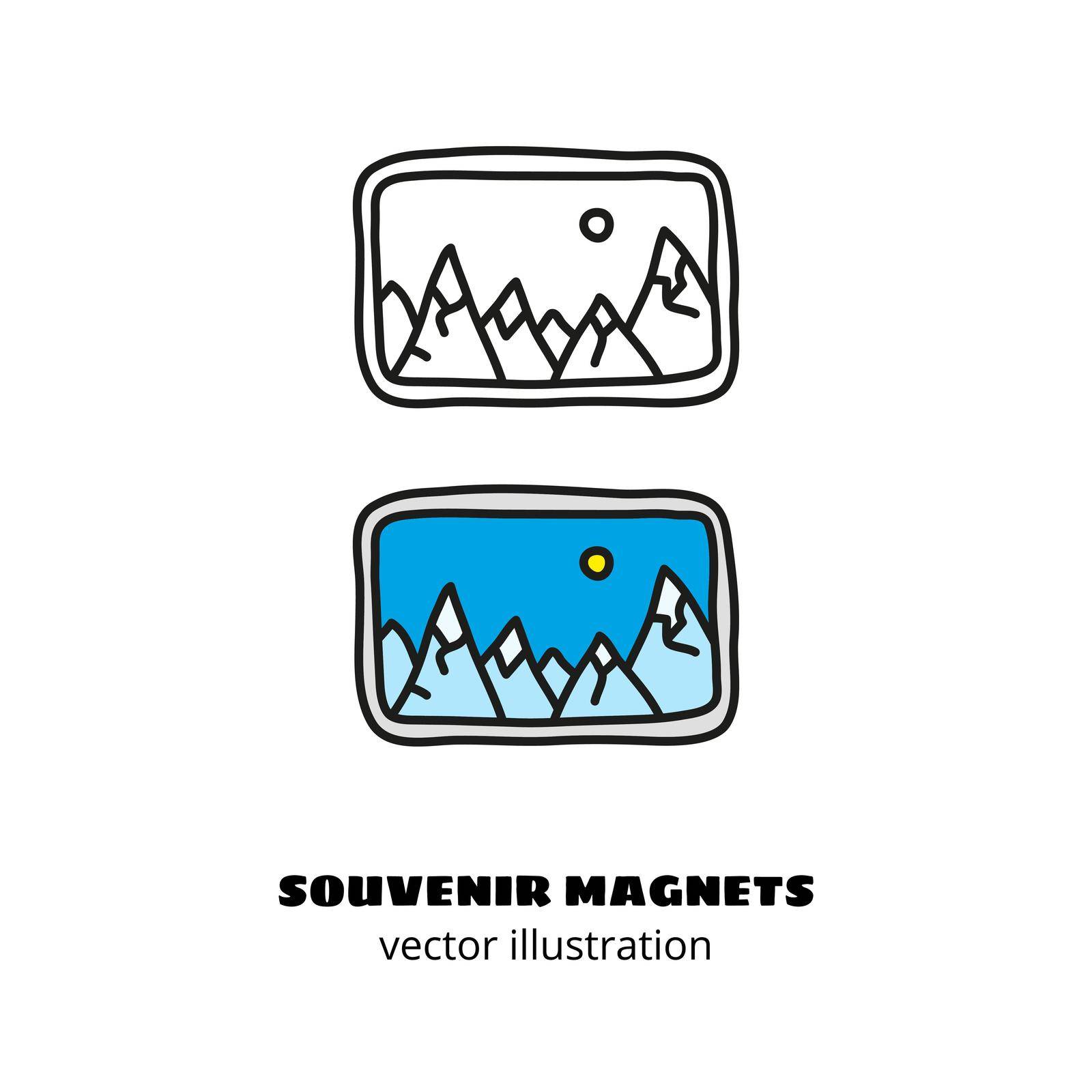 Doodle outline and colored souvenir magnet or sticker with snowy mountains isolated on white background.