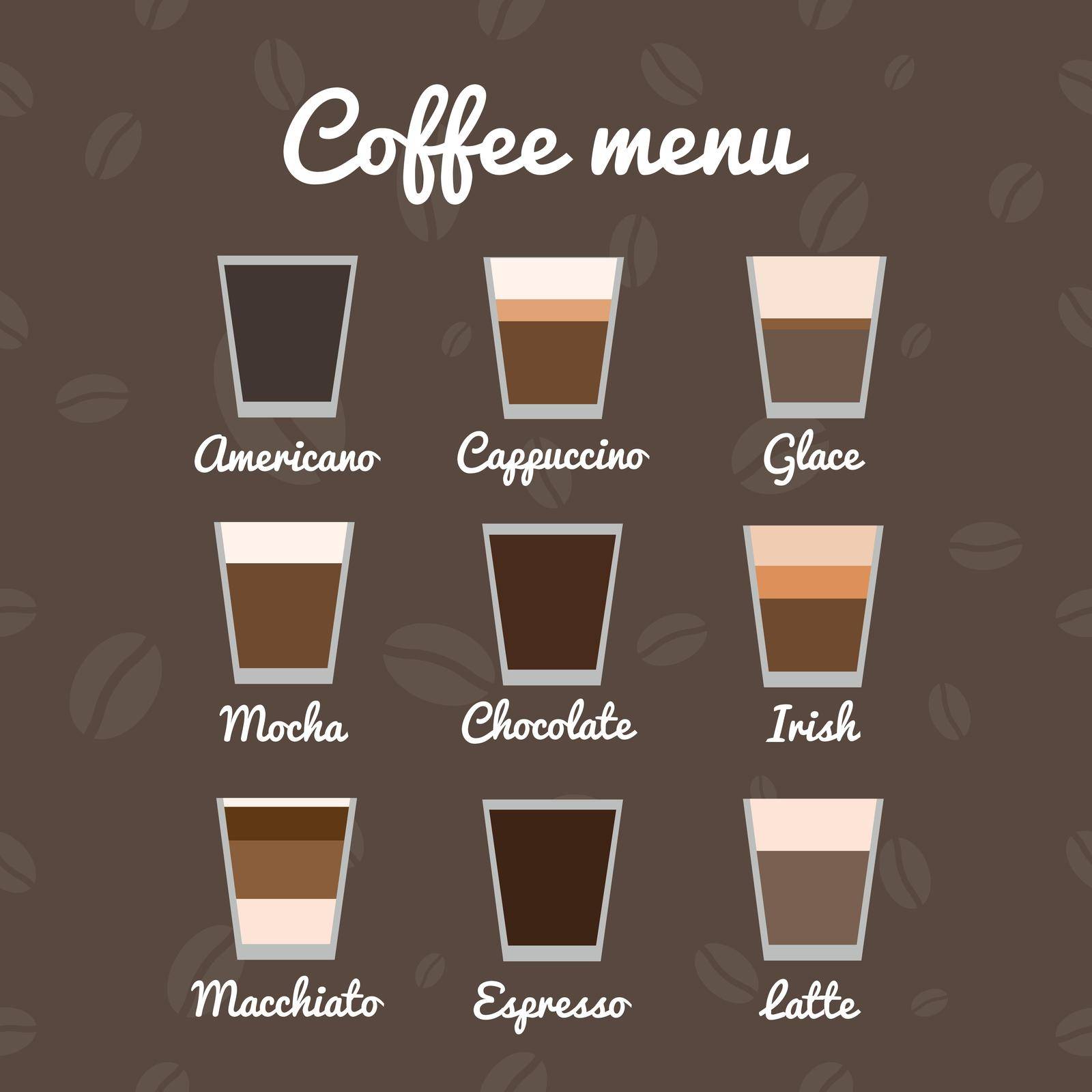 Coffee menu on seamless background with beans.